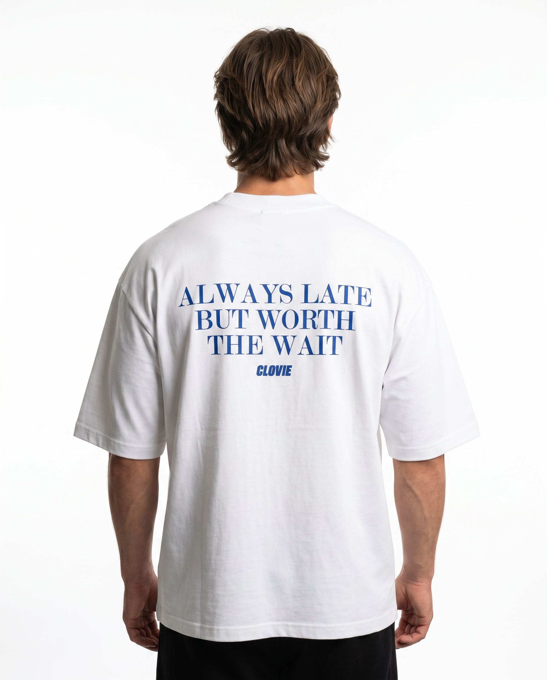 Always late but worth the wait - Oversized Tee - White - model back print