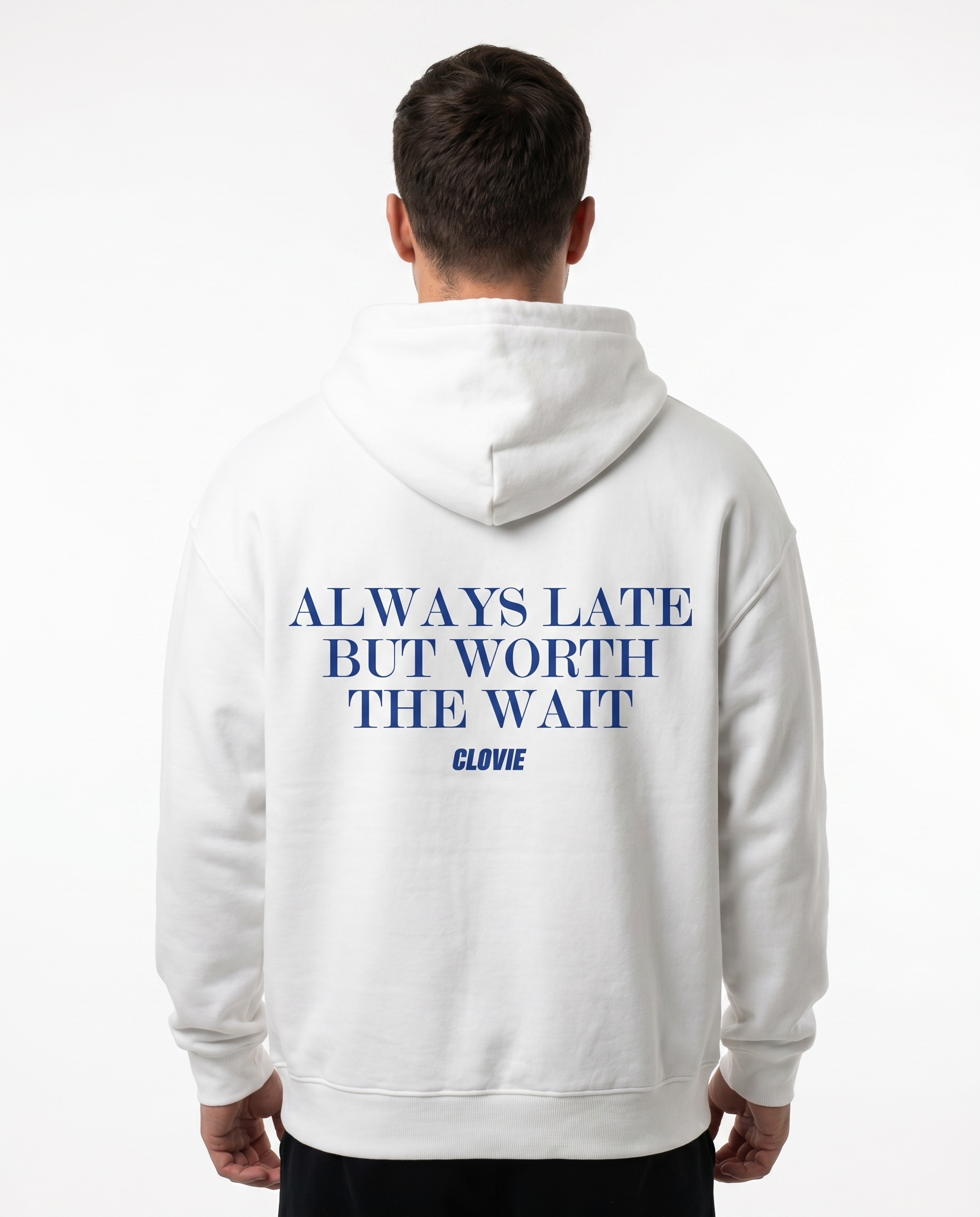 Always late but worth the wait - Oversized Hoodie - White - model back print