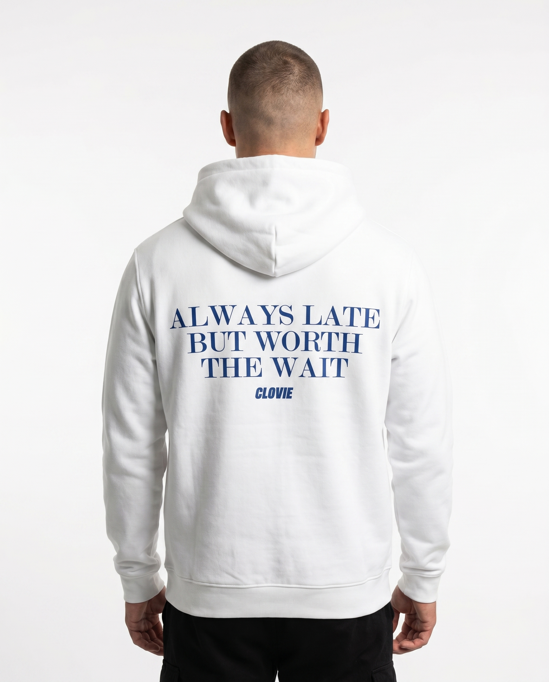 Always late but worth the wait - Hoodie - Arctic White - model back print