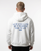 Always late but worth the wait - Oversized Zip Hoodie - White - model back print