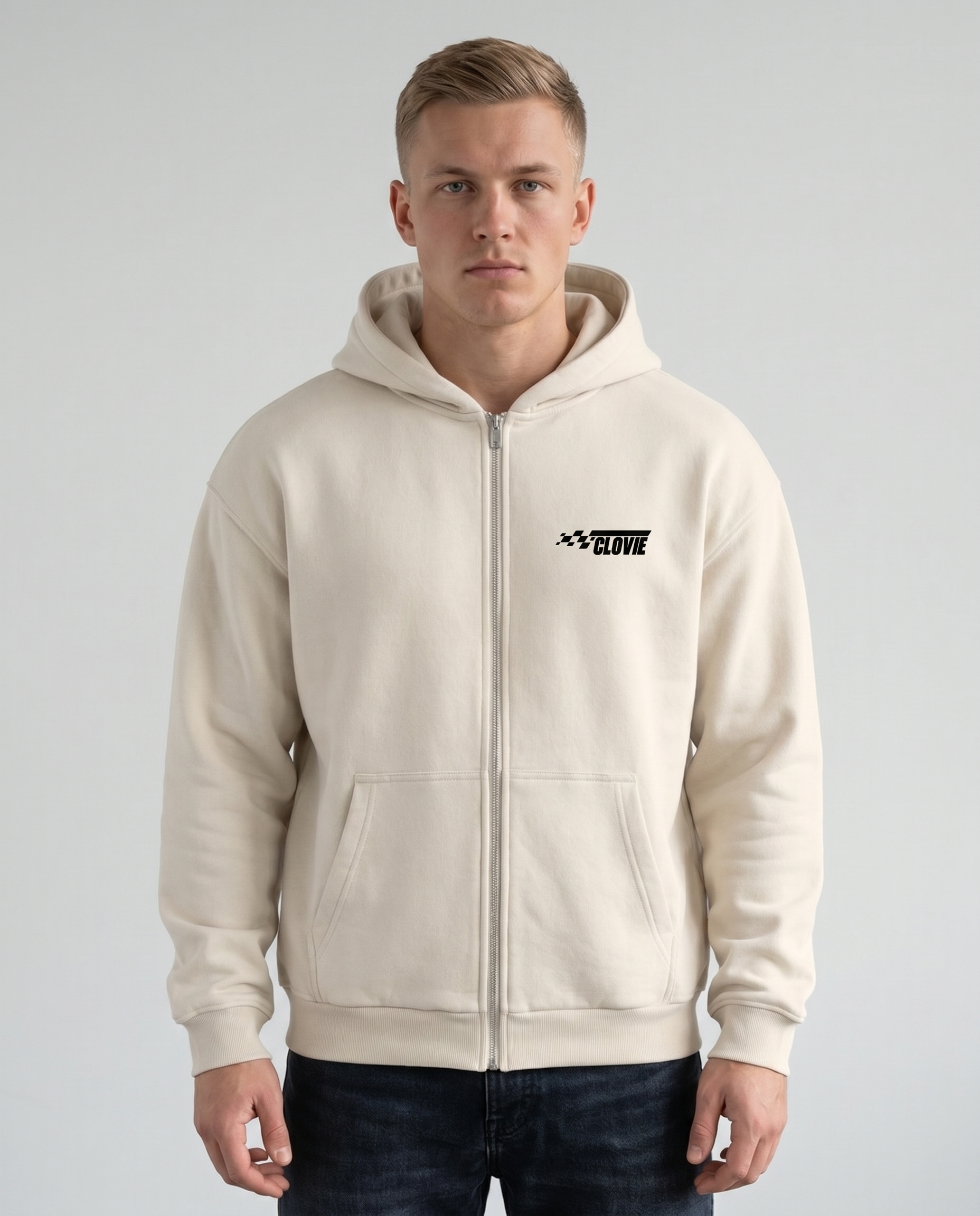 No brakes no limits Oversized Zip Hoodie white sand - model front