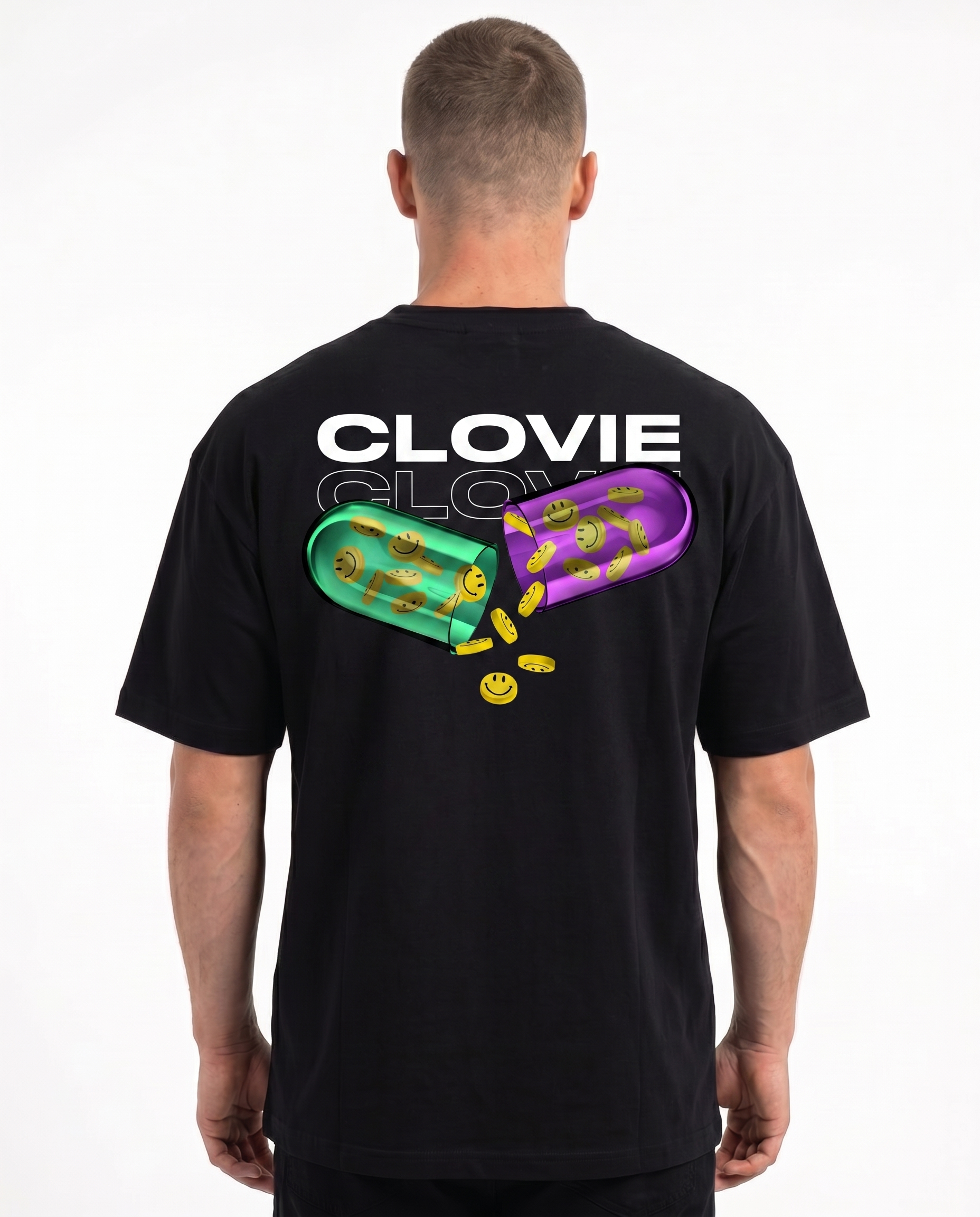 Happy pills Oversized Tee Black - model back print
