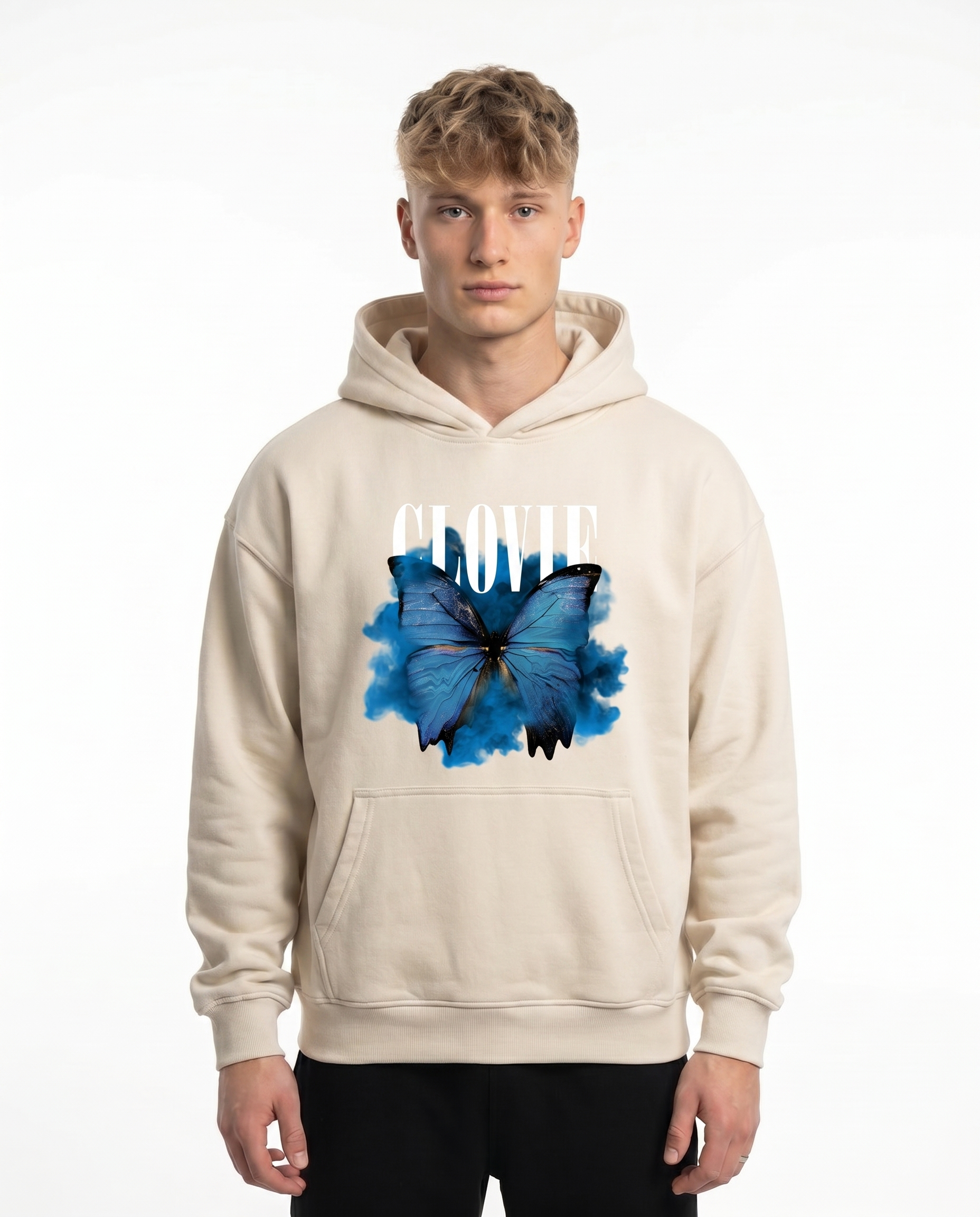 Butterfly Hoodie White Sand - model front print