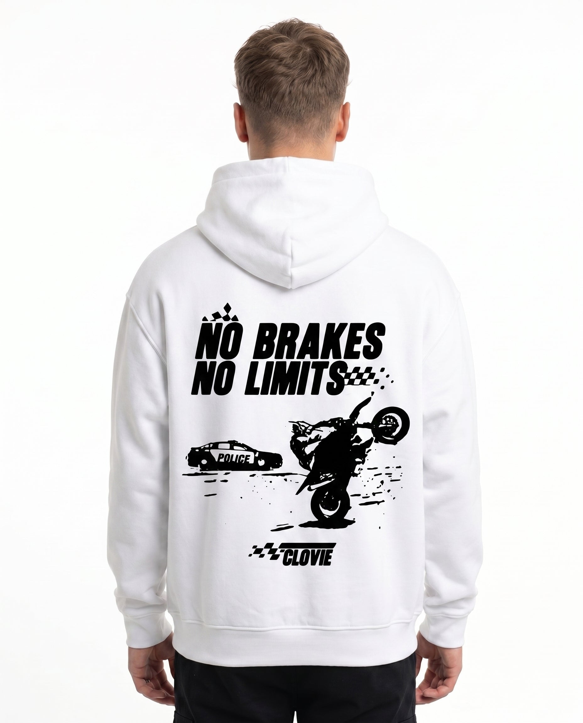 No brakes no limits Oversized Hoodie White - model back print