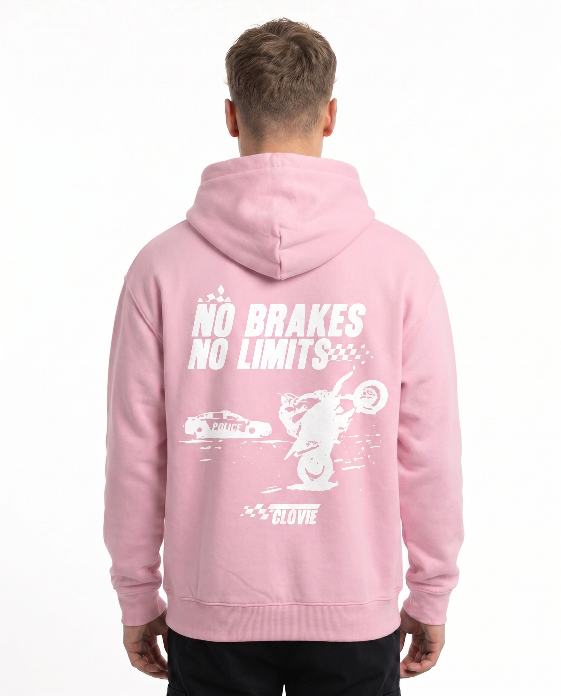 No brakes no limits Hoodie Baby Pink - model back print
