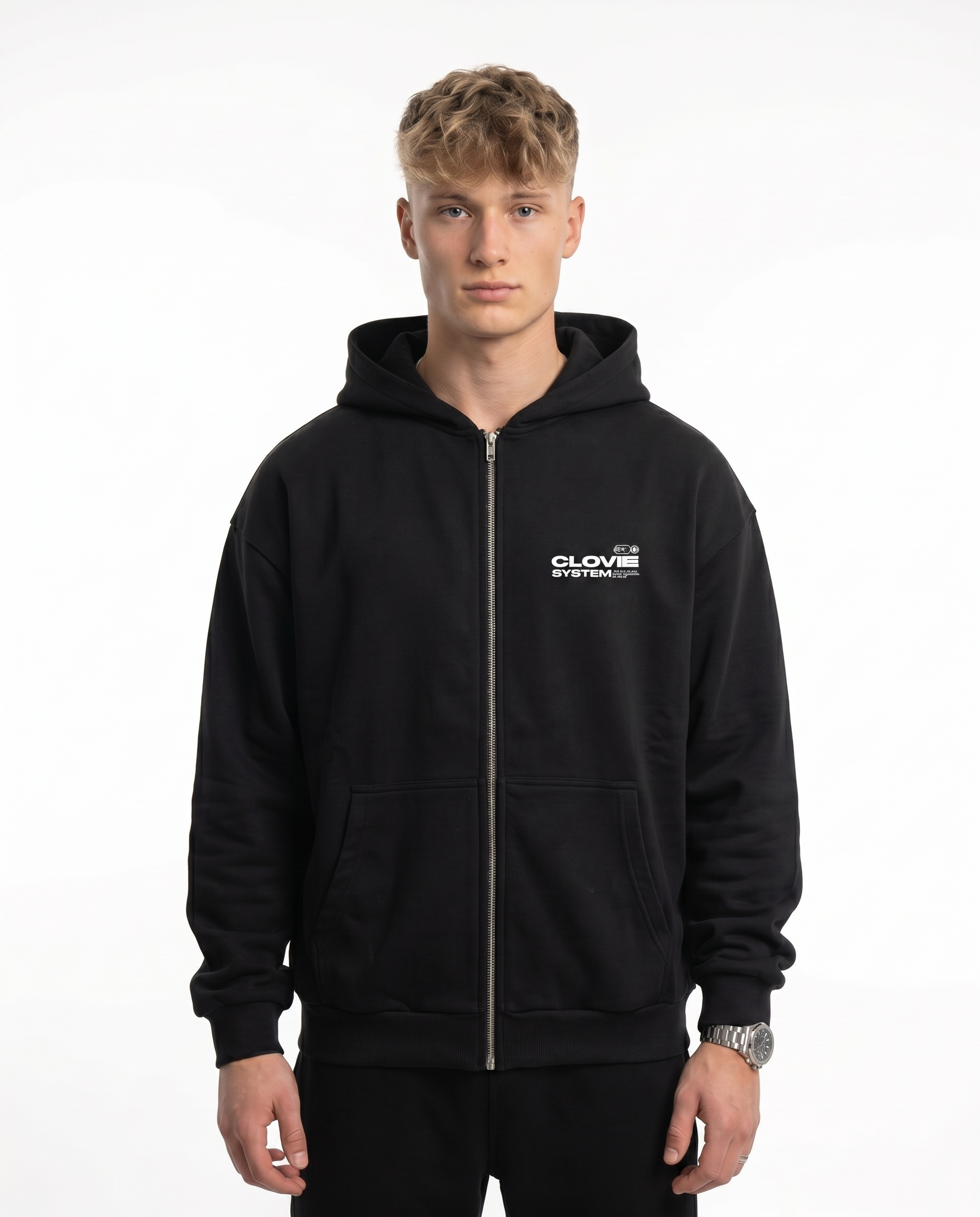 Clovie system Oversized Zip Hoodie Black - model front