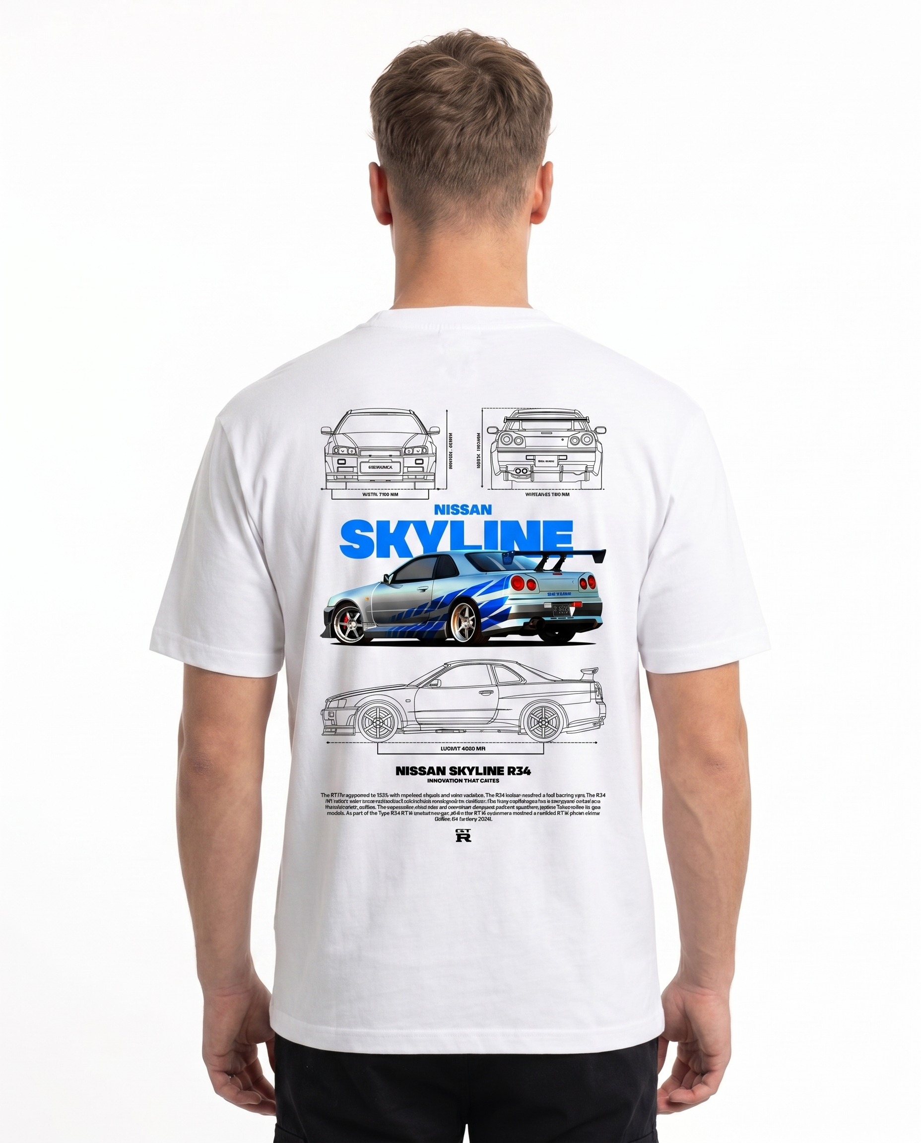 Nissan Skyline R34 Standard Tee White - model back print