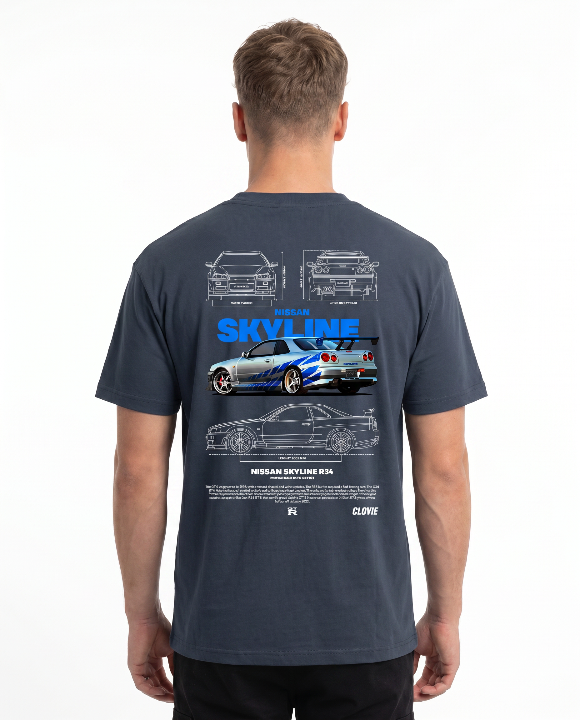 Nissan Skyline R34 Standard Tee India Ink Grey - model back print