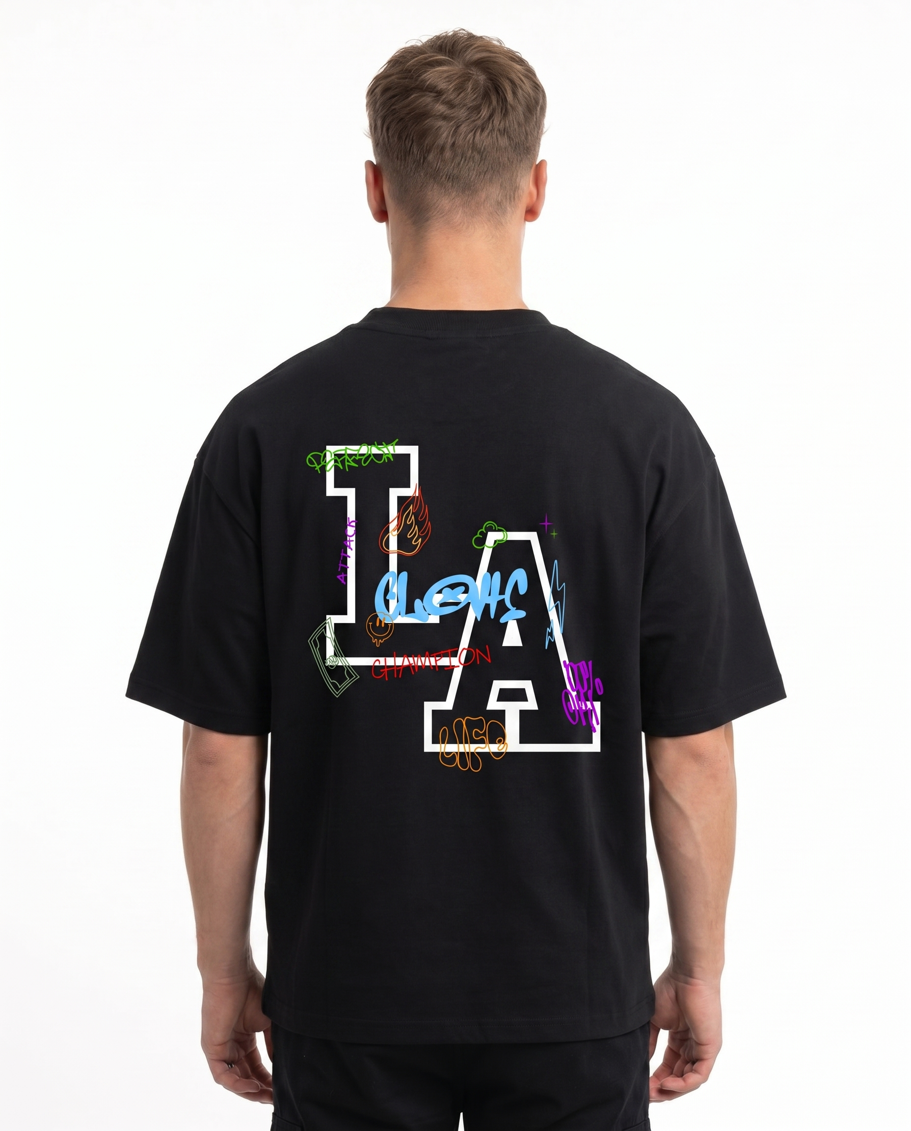 Los Angeles Oversized Tee Black - model back print