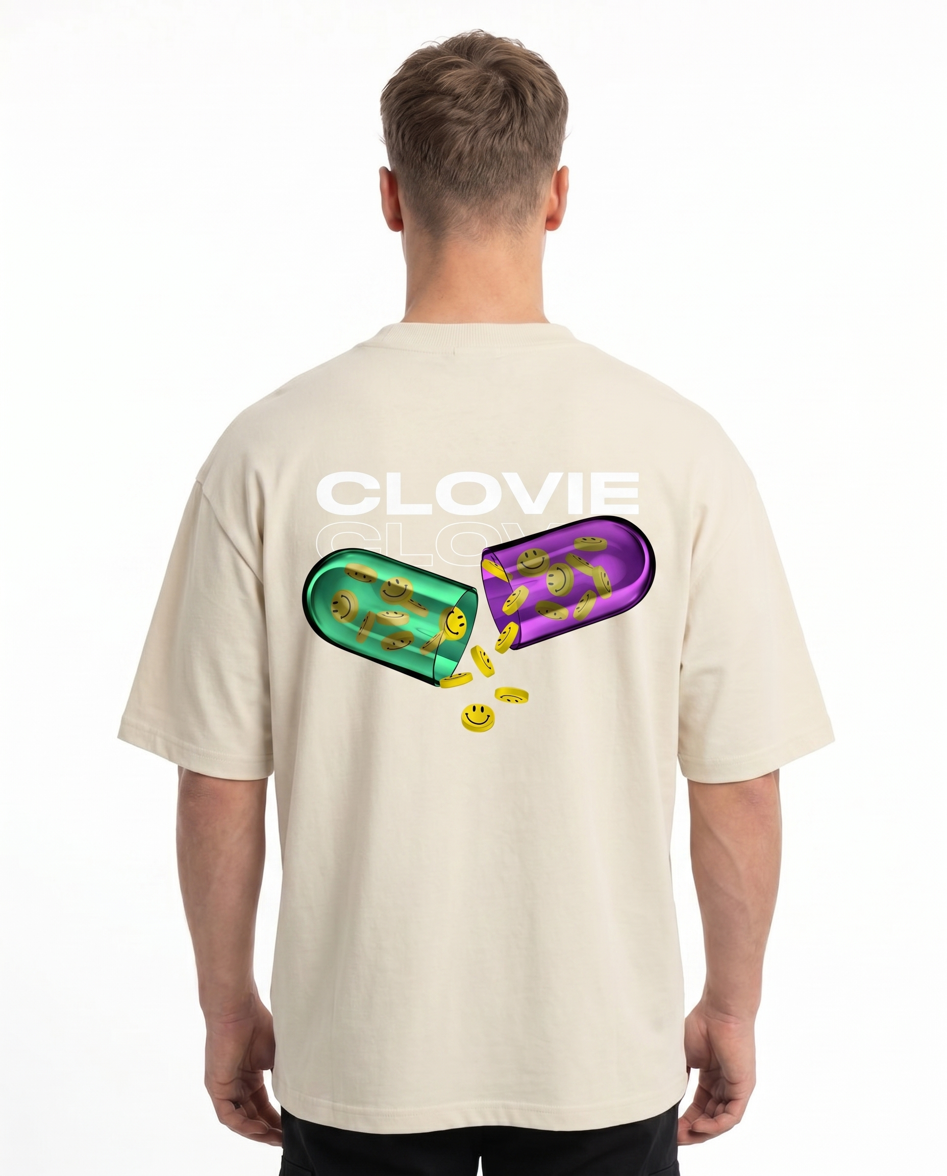 Happy pills Oversized Tee Natural Raw - model back print