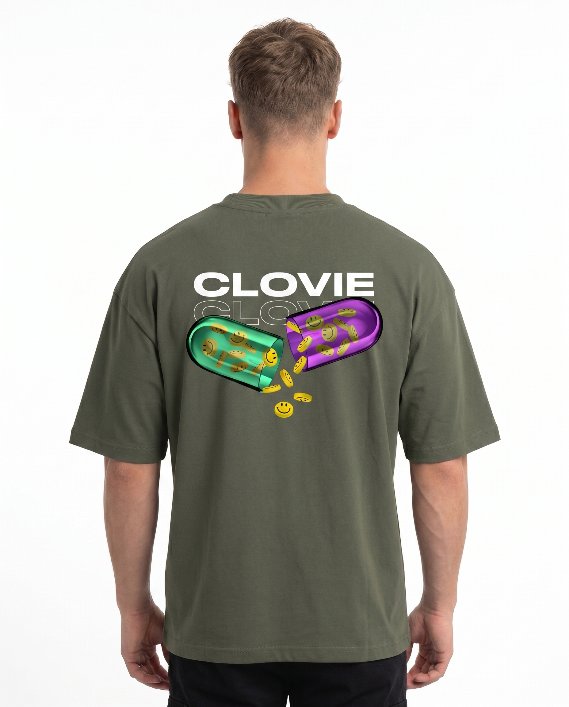 Happy pills Oversized Tee Khaki - model back print