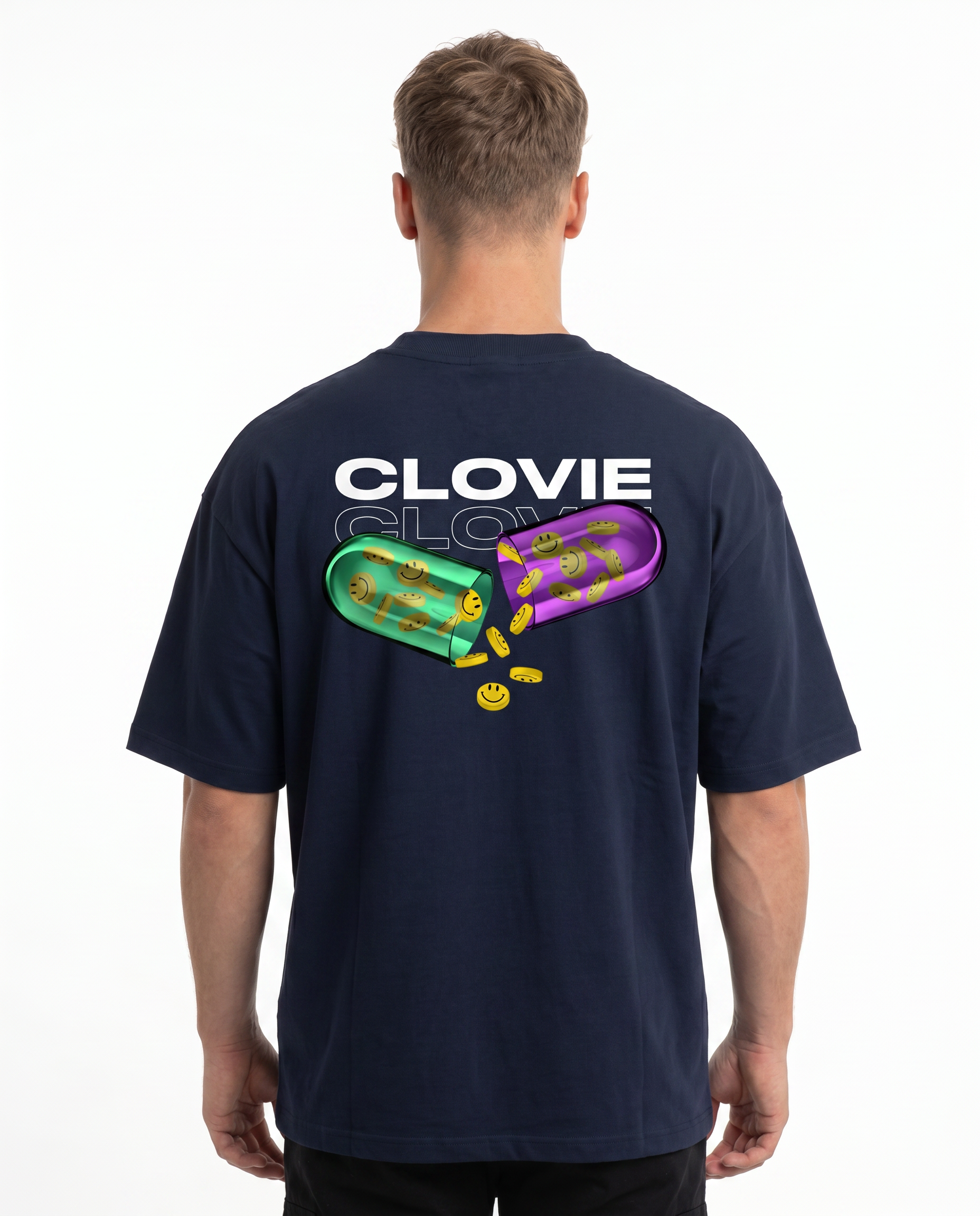 Happy pills Oversized Tee French Navy - model back print