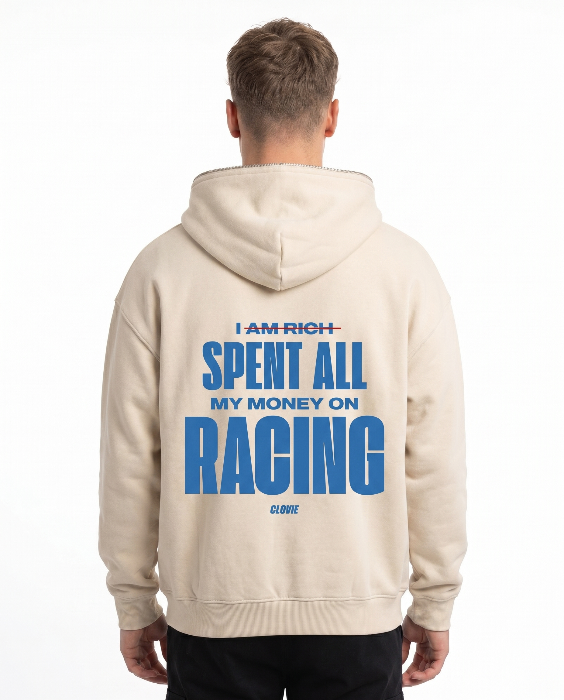 I spent all my money on racing Zip Hoodie White Sand - model back print