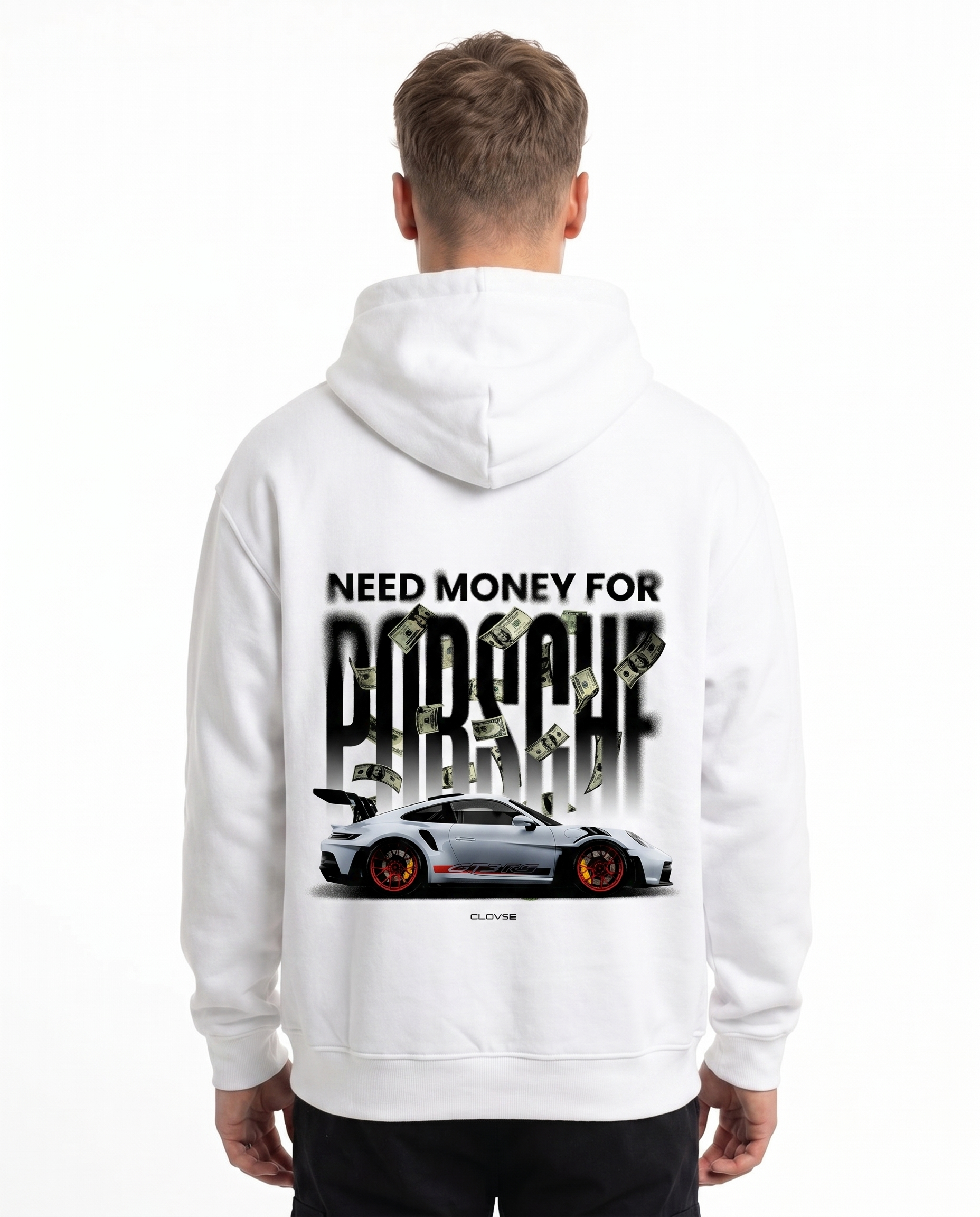 Need money for porsche Hoodie White - model back print