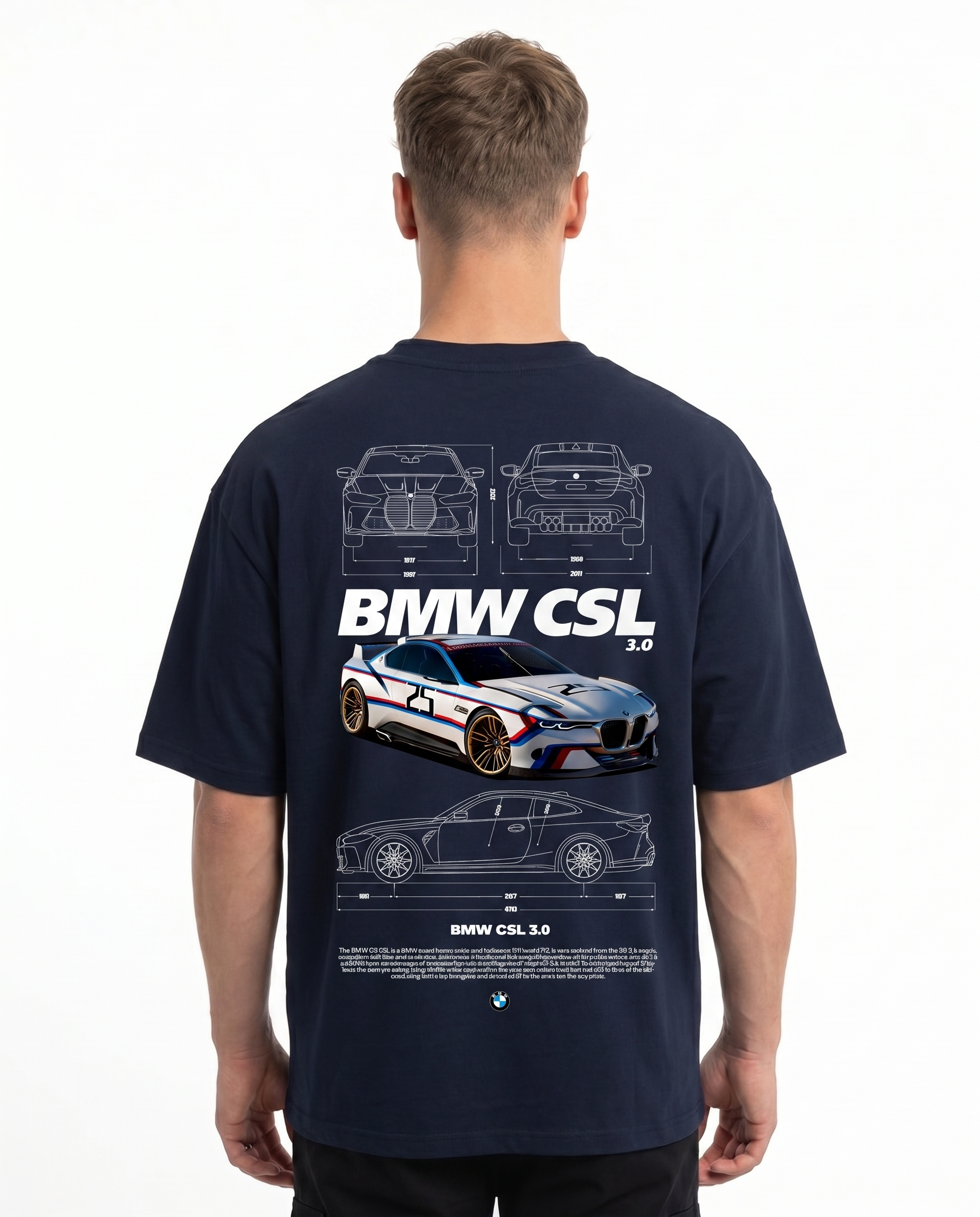 BMW CSL 3.0 OVS Tee French Navy - model back print