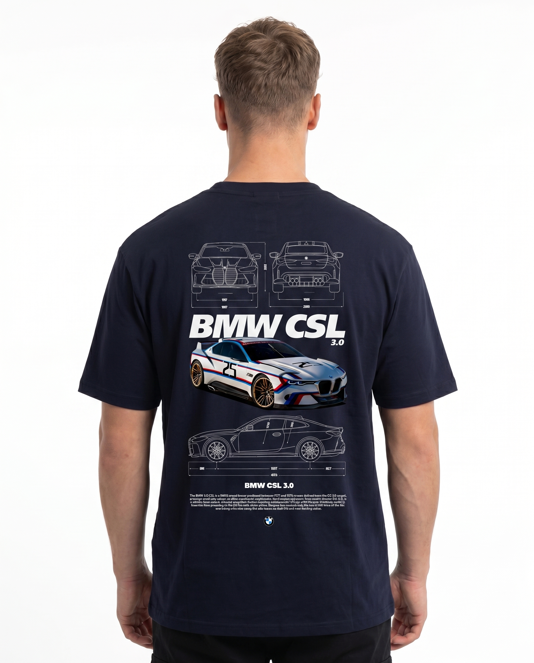 BMW CSL 3.0 Std Tee French Navy - model back print
