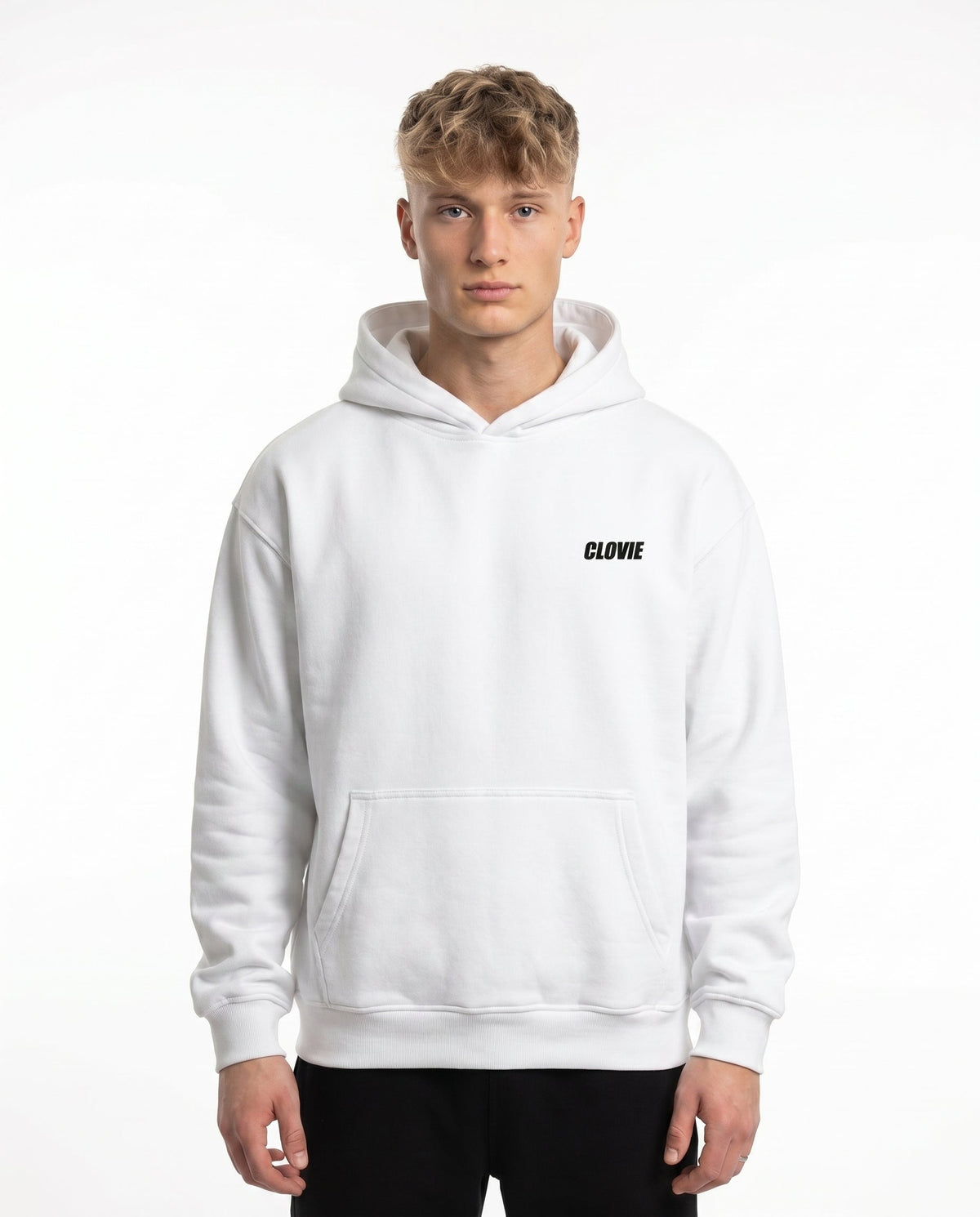 Porsche 911 GT3 RS Oversized Hoodie White - model front CLOVIE (reuse library)