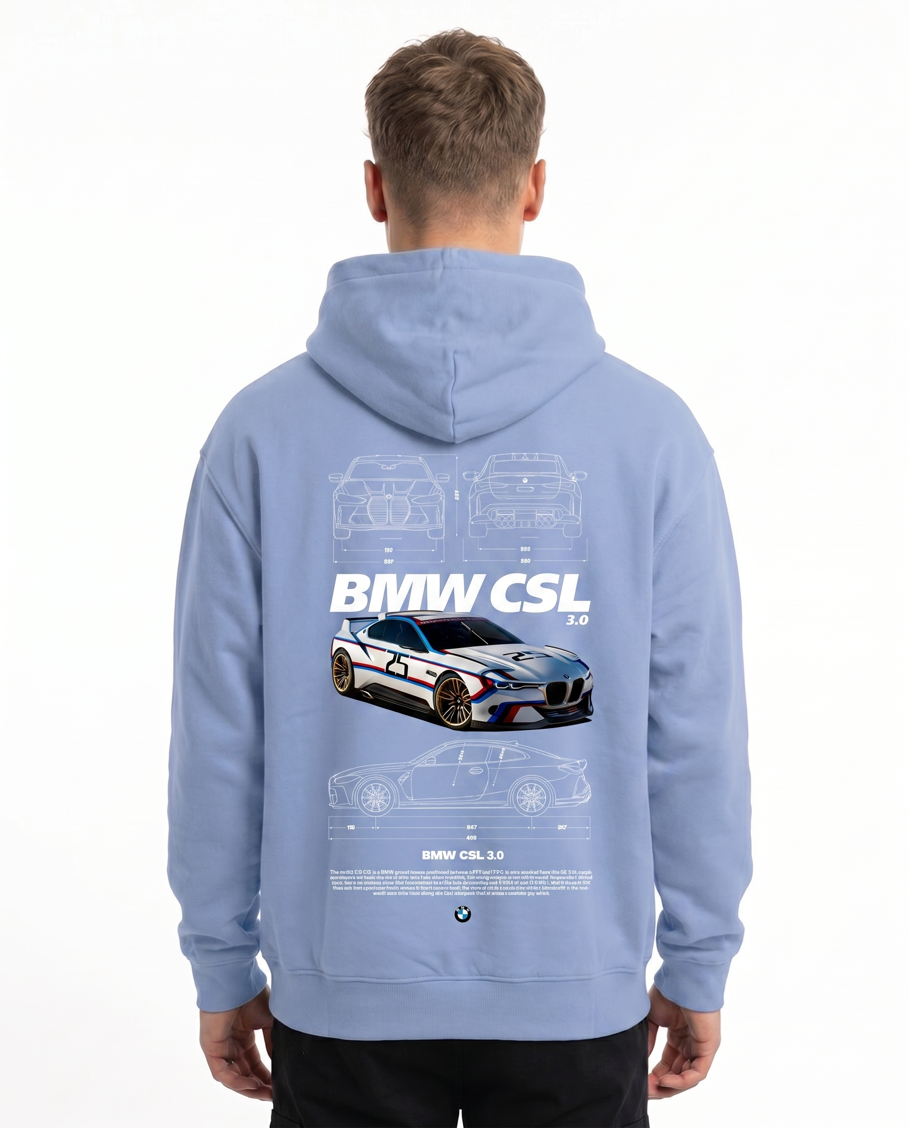 BMW CSL 3.0 Oversized Hoodie Powder Blue - model back print