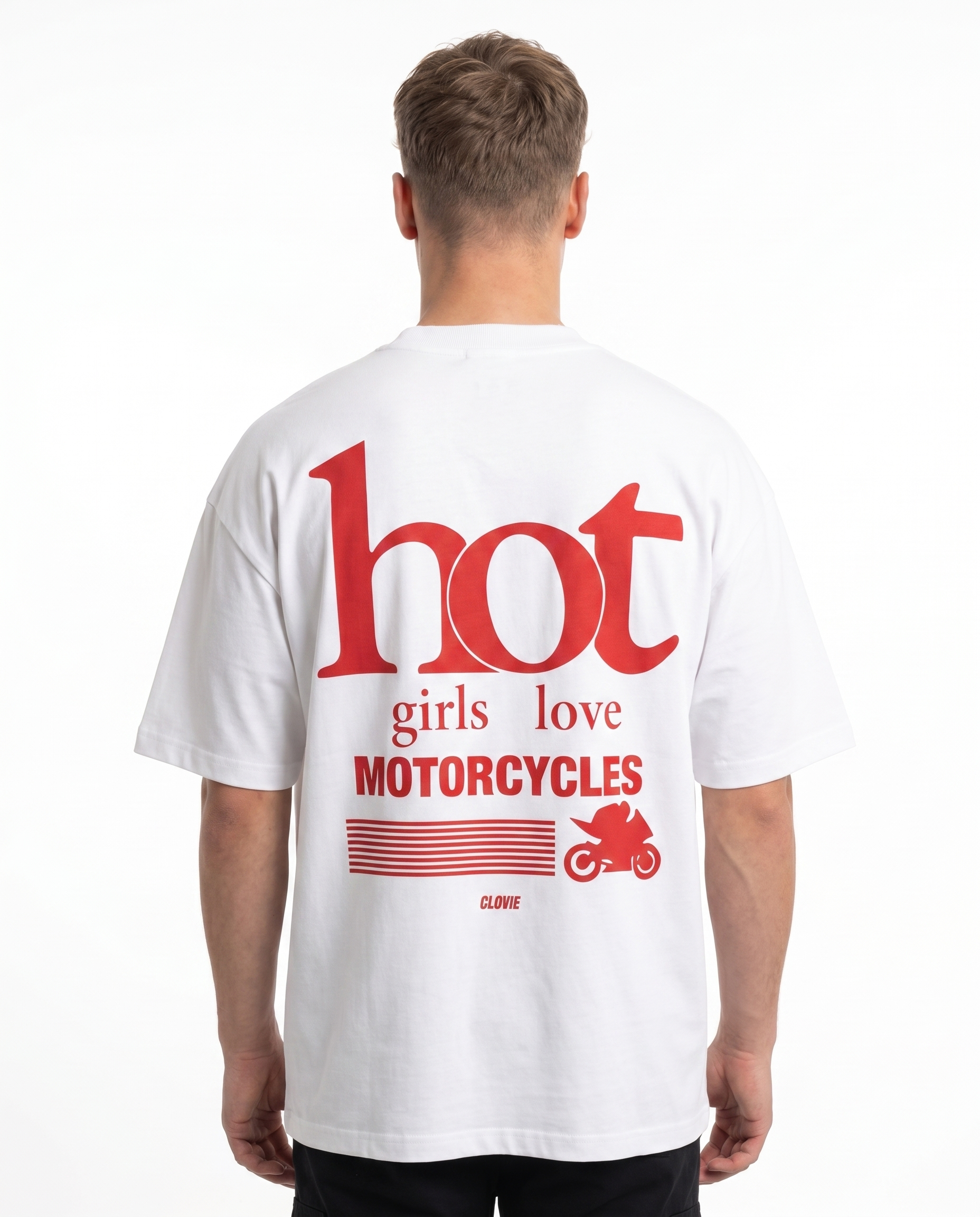 Hot girls love motorcycles Oversized Tee White - model back print