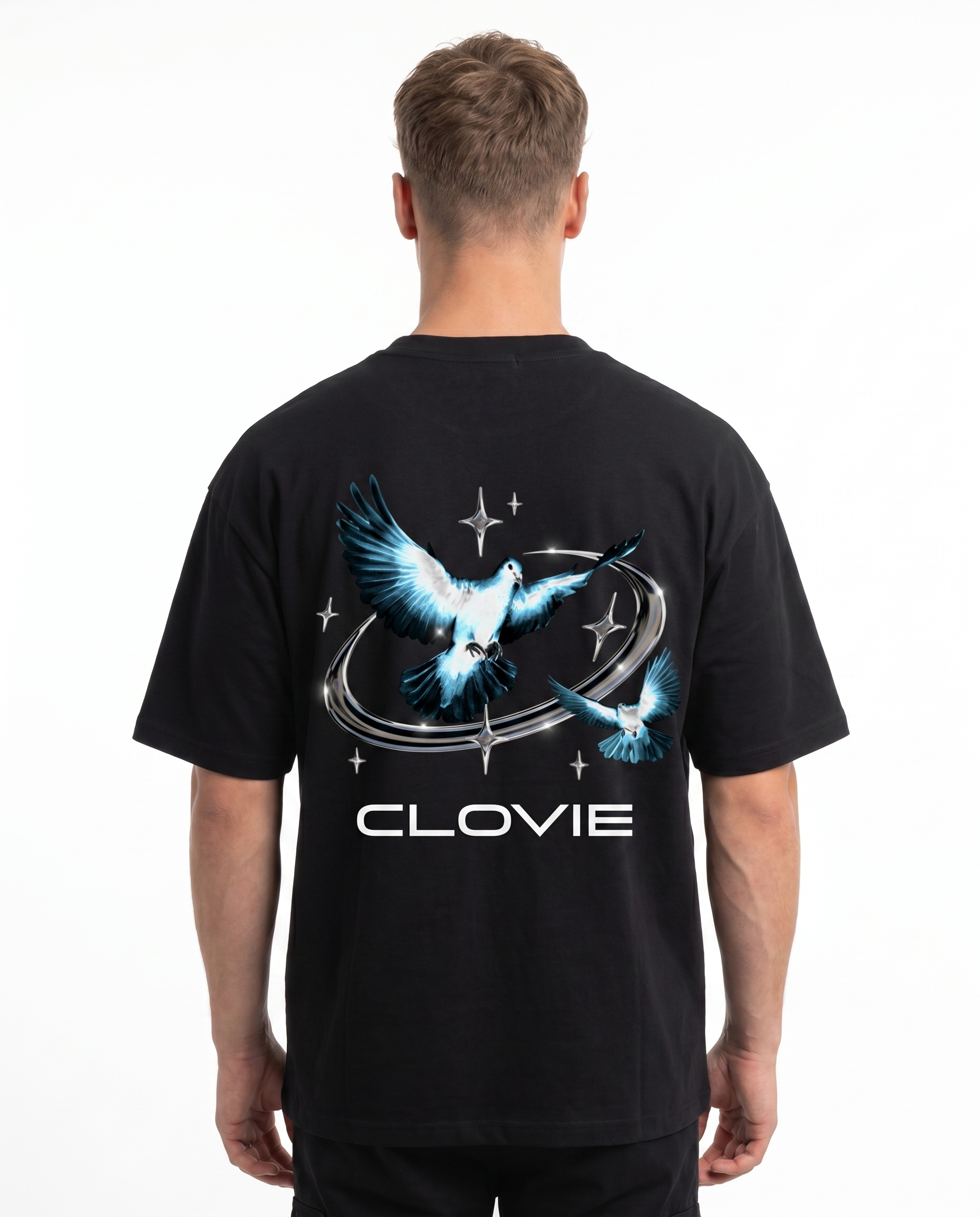Bird universum Oversized Tee Schwarz Rueckansicht - CLOVIE Streetwear