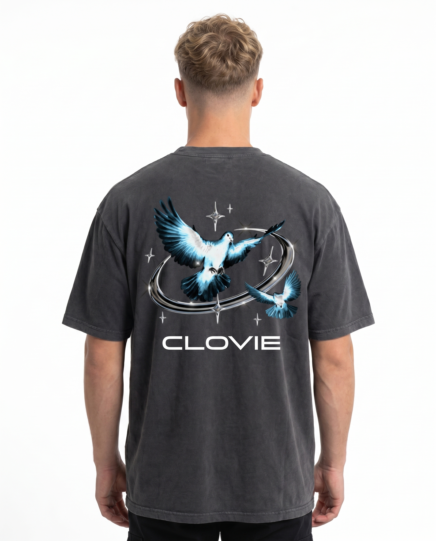 Bird universum Oversized Tee Washed Black Rueckansicht - CLOVIE Streetwear
