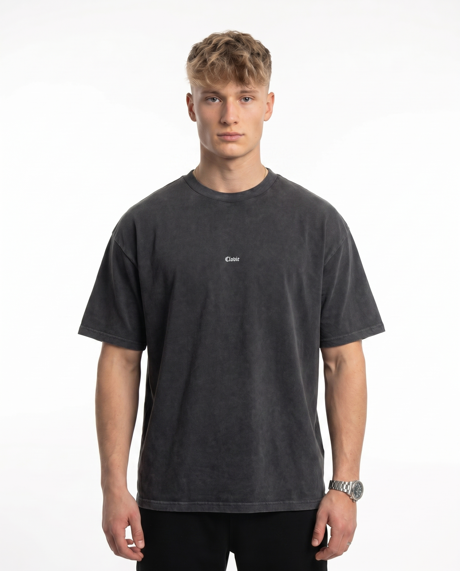 Bird universum Oversized Tee Washed Black Vorderansicht - CLOVIE Streetwear