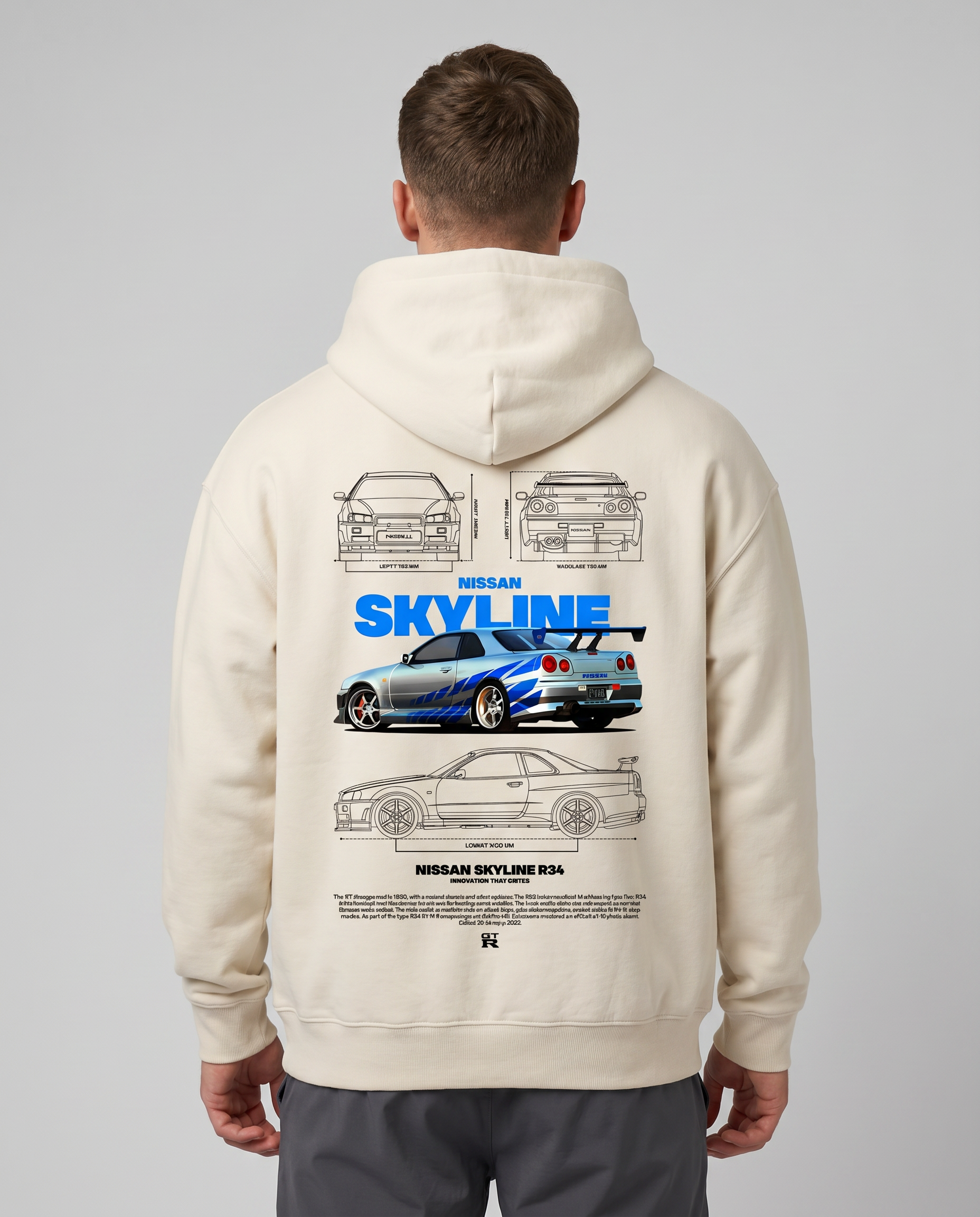 Nissan R34 OVS Hoodie White Sand Back