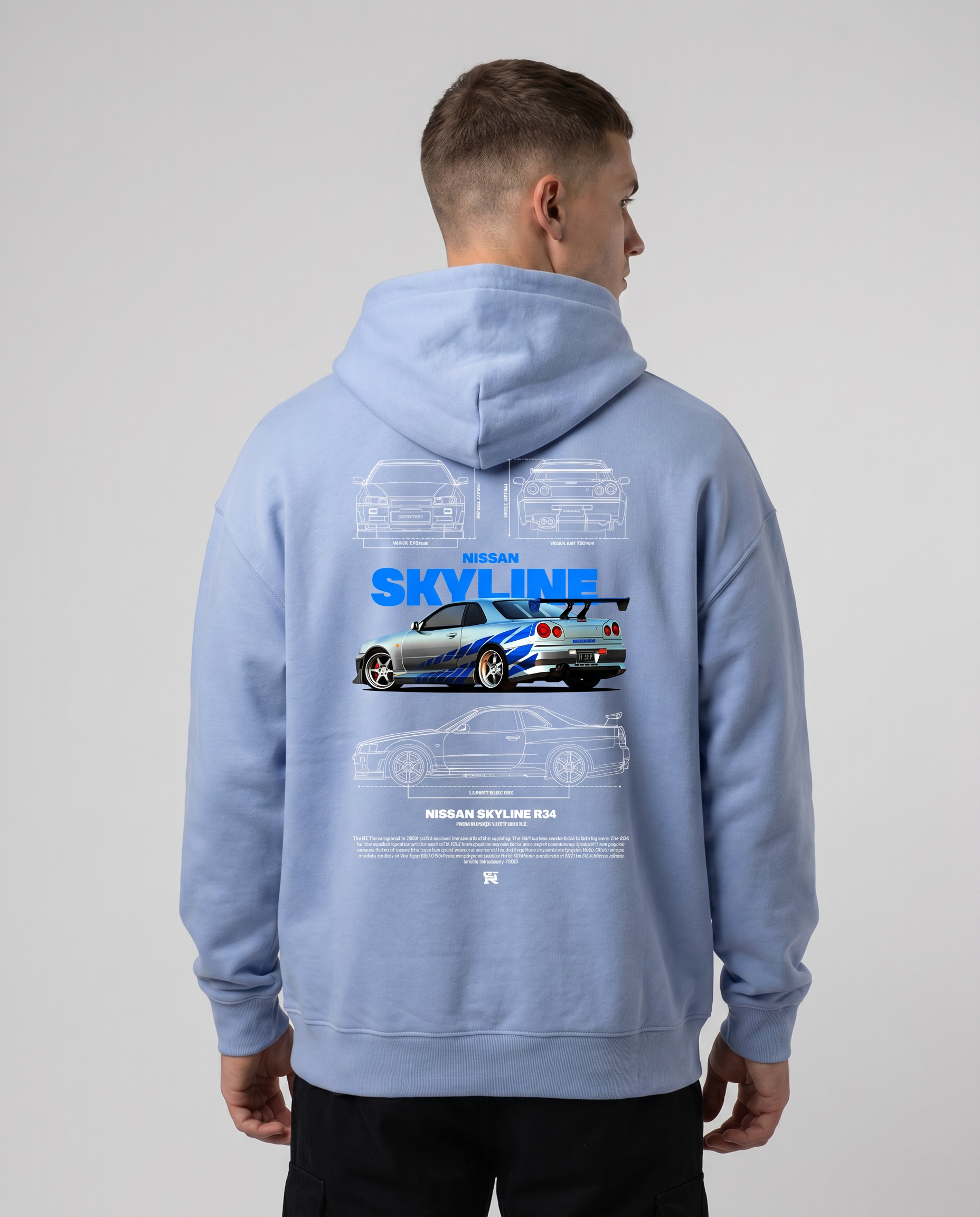 Nissan R34 OVS Hoodie Powder Blue Back