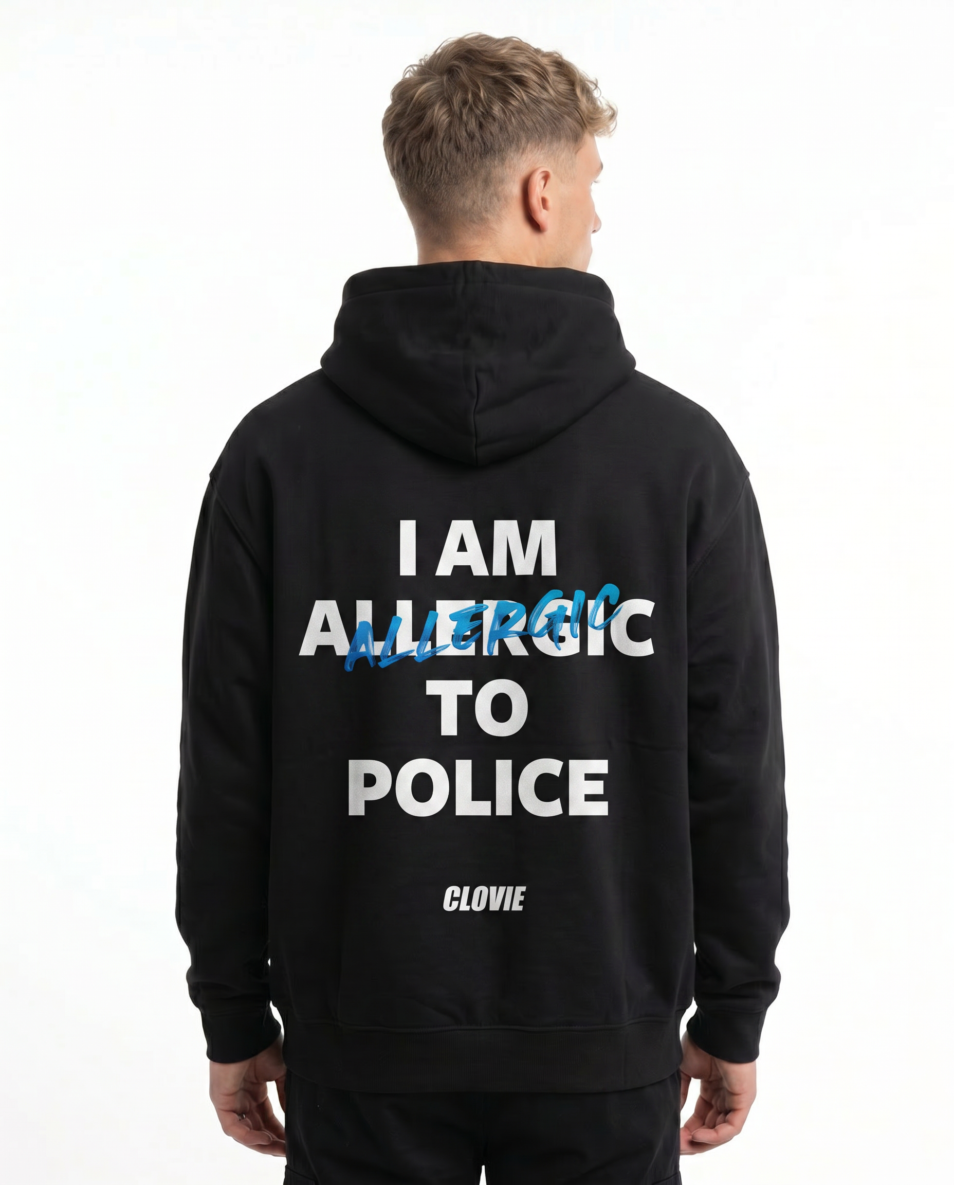 I am allergic to police Hoodie Jet Black - model back print