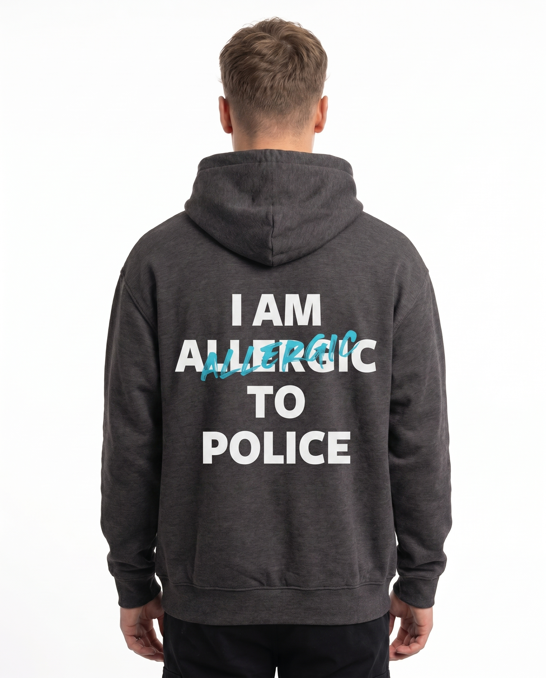 I am allergic to police Hoodie Charcoal Heather - model back print