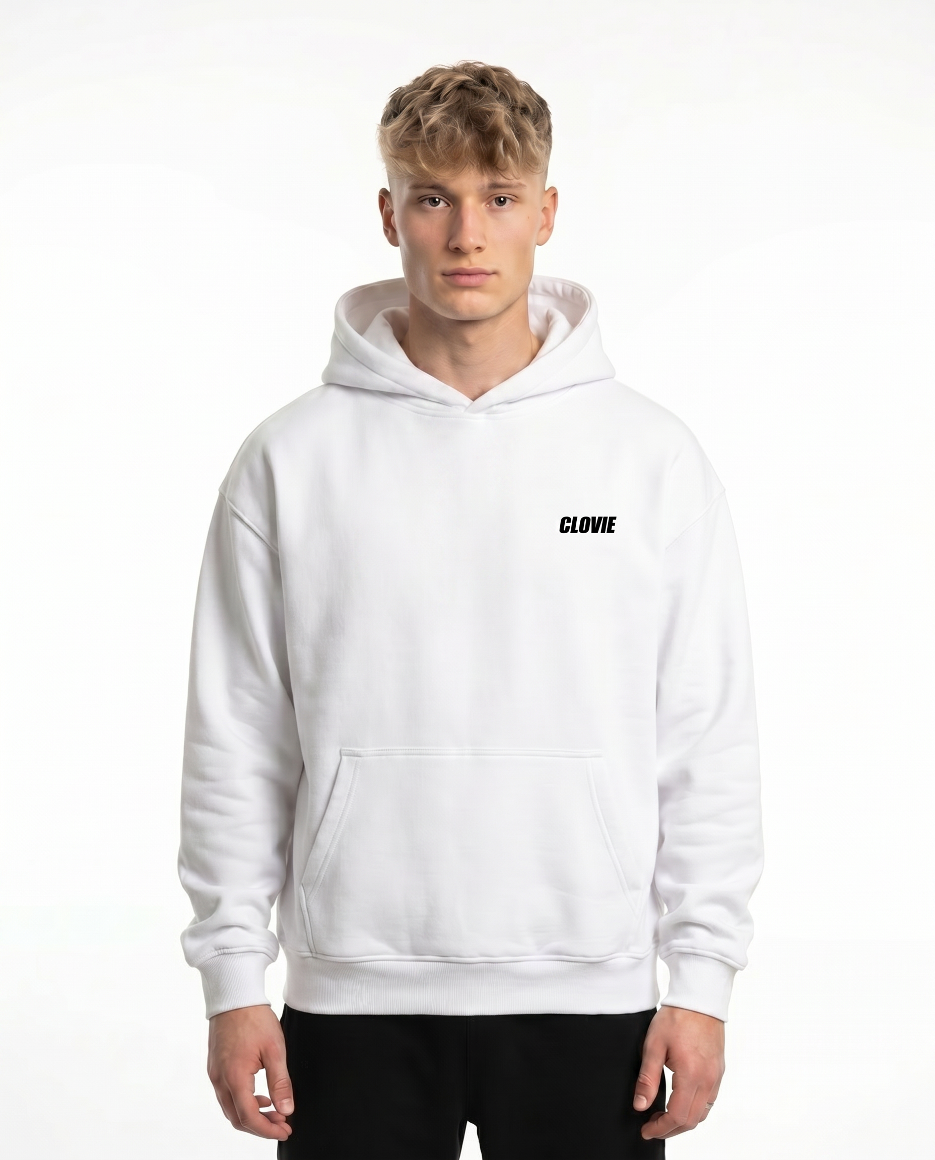 Born to ride OVS Hoodie White - model front (no cord)