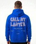 Call my lawyer Hoodie Royal Blue - model back print (v7 stone-text edit-ref, fabric-integrated)