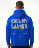 Call my lawyer Hoodie Royal Blue - model back print (v7 stone-text edit-ref, fabric-integrated)