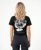 Loyalty Cropped Tee Black - female model back print