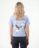 Loyalty Cropped Tee Sky Blue - female model back print