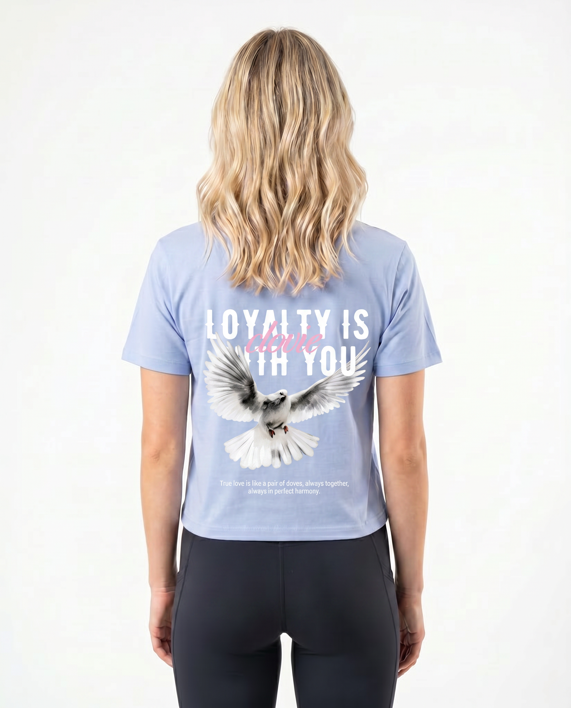 Loyalty Cropped Tee Sky Blue - female model back print