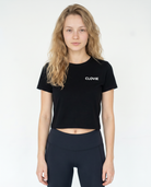 Social media killed romance Cropped Tee Black - female model front + CLOVIE chest logo