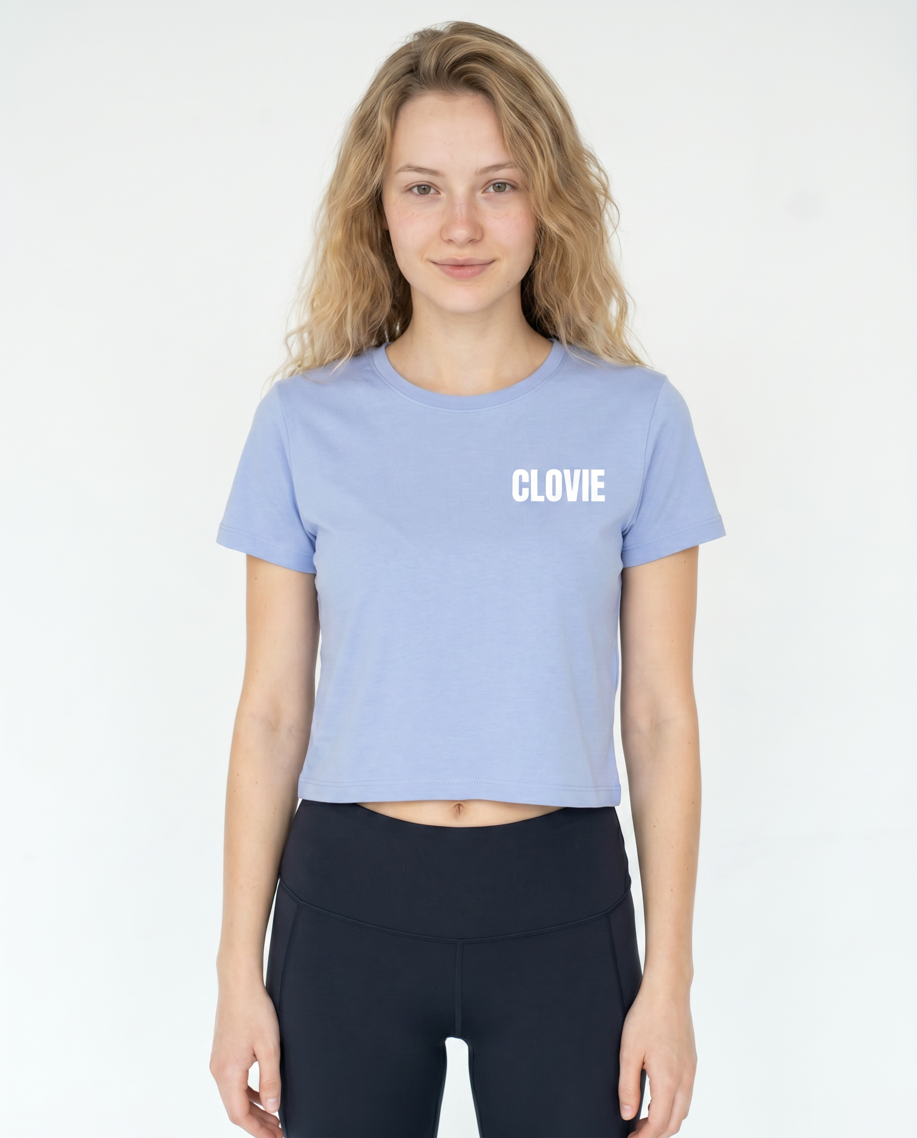 Loyalty Cropped Tee Sky Blue - female model front + CLOVIE chest logo