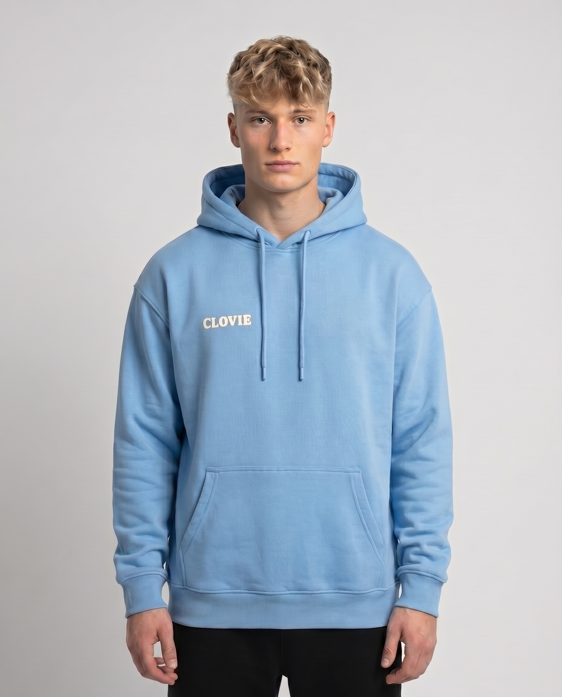 Eat p*ssy Hoodie Sky Blue - model front (CLOVIE chest only, custom edit removing More haters text)