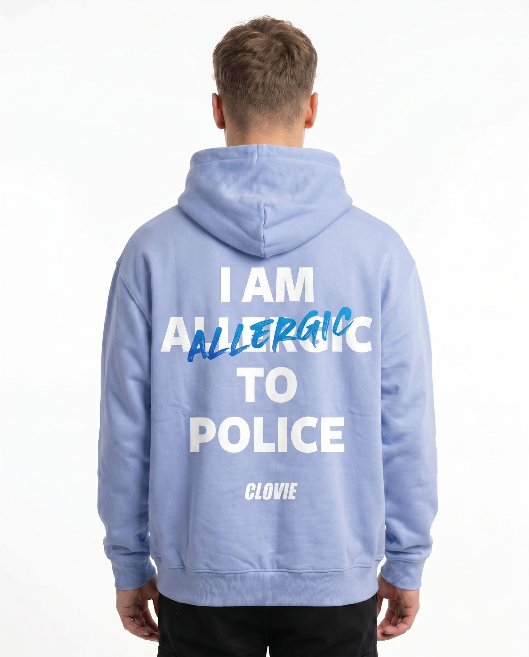 I am allergic to police OVS Hoodie Powder Blue - model back print (white text + blue ALL)