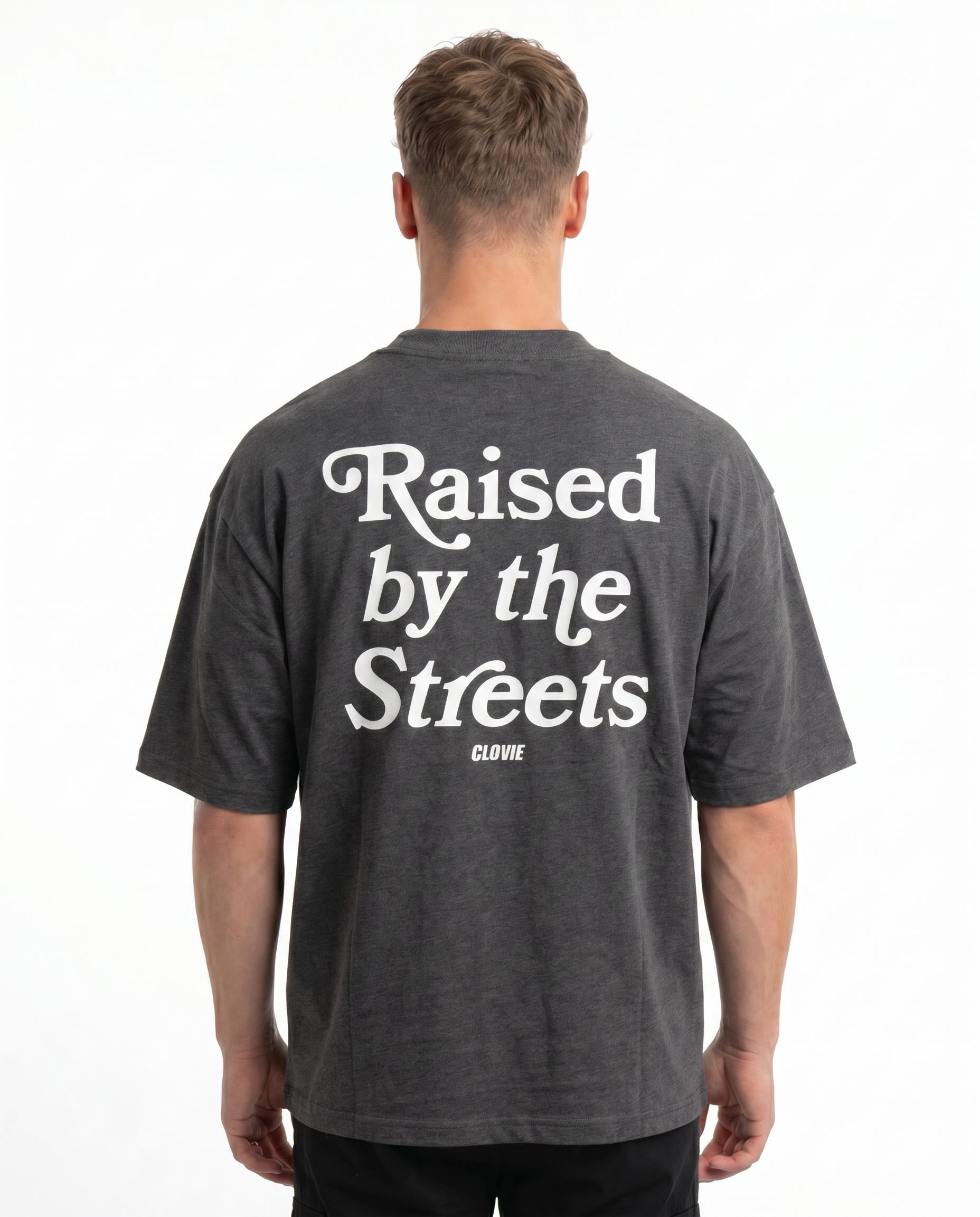 Raised by the streets OVS Tee Charcoal - model back print (new edit-render aus Black-Back)