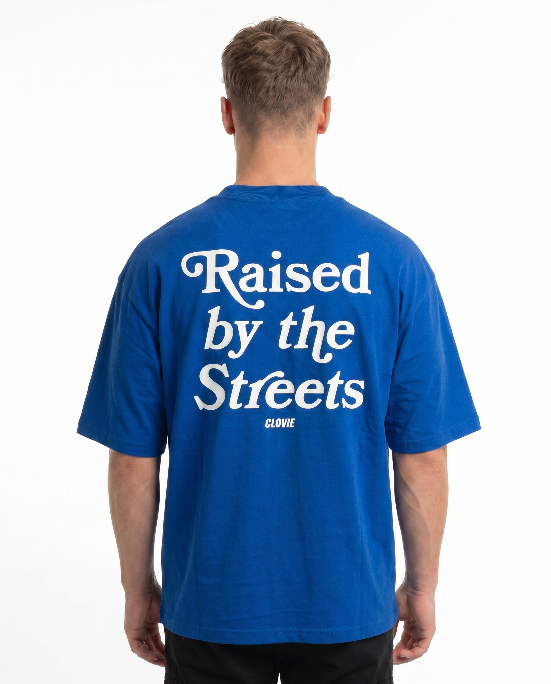 Raised by the streets OVS Tee Cobalt Blue - model back print (new edit-render aus Black-Back)