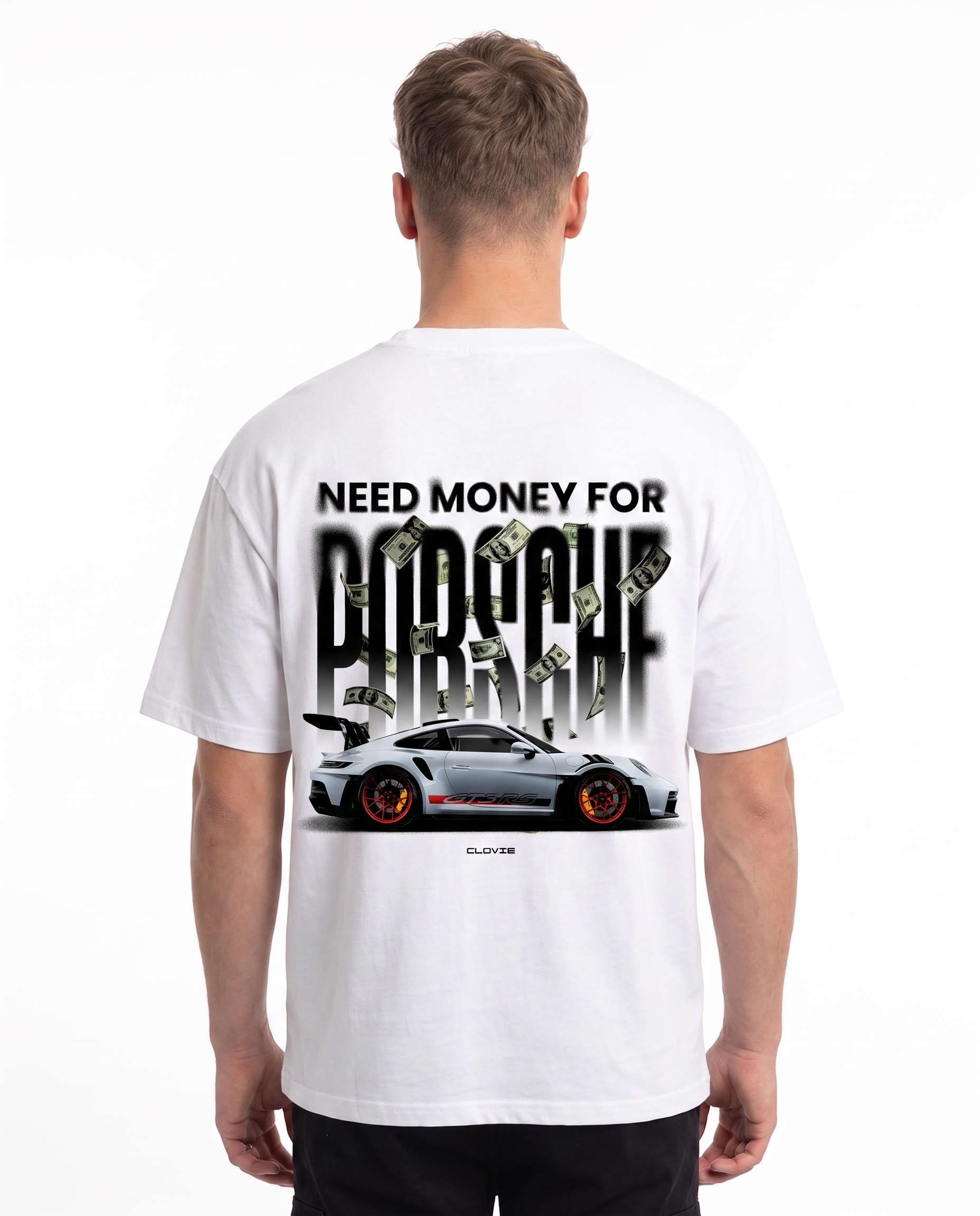 Need money for porsche Oversized Tee White - model back print