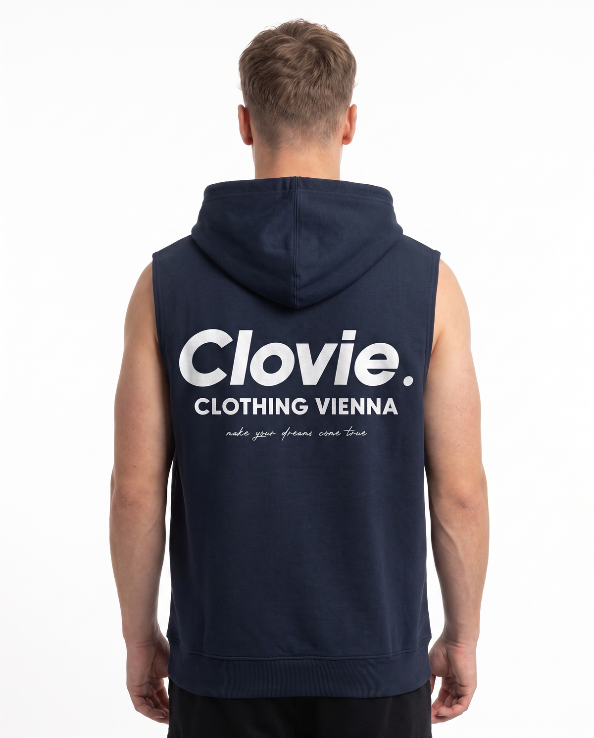 Make your dreams come true Sleeveless Hoodie Navy - model back print