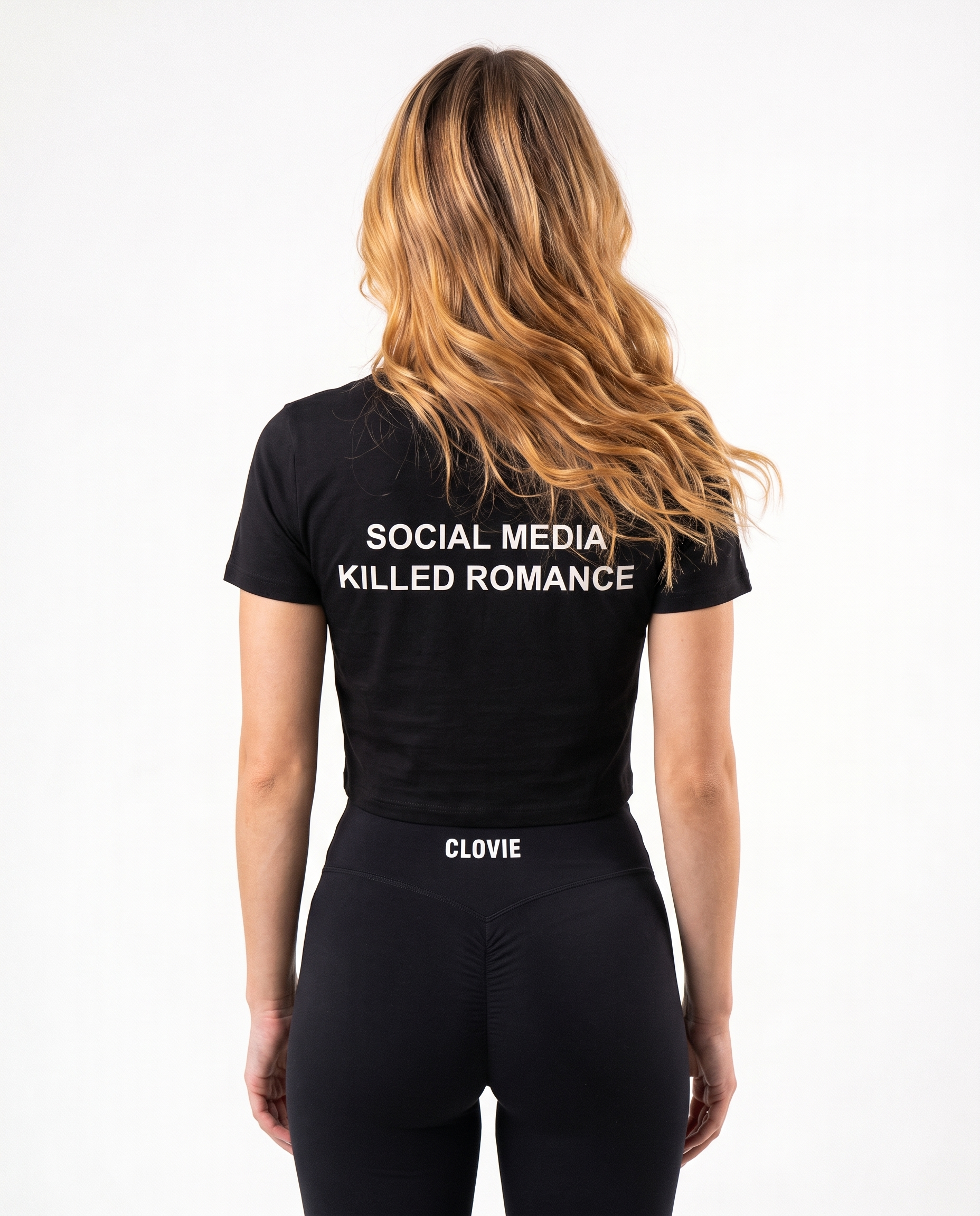 Social media killed romance Cropped Tee Black - female model back print