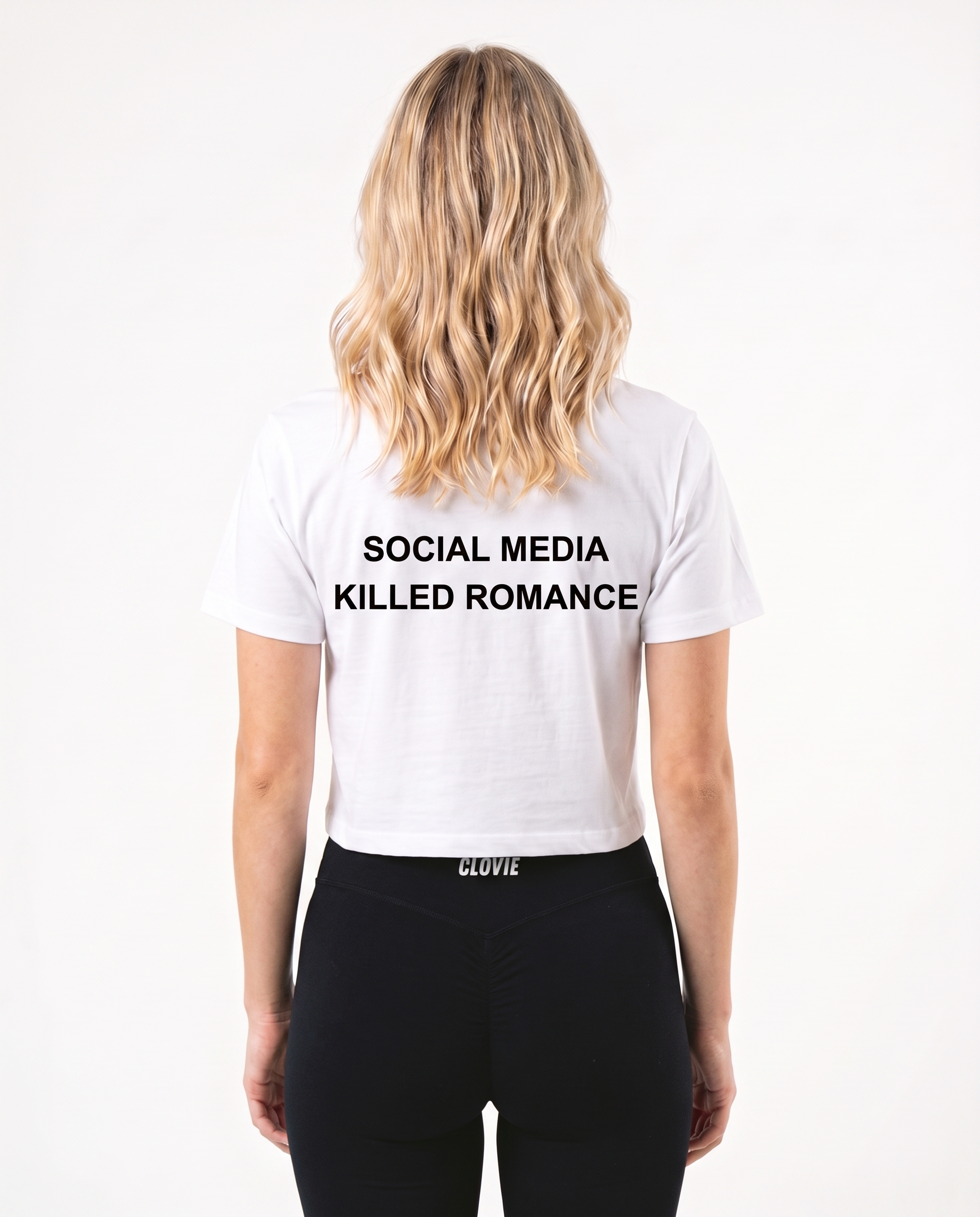 Social media killed romance Cropped Tee White - female model back print