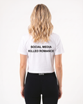 Social media killed romance Cropped Tee White - female model back print