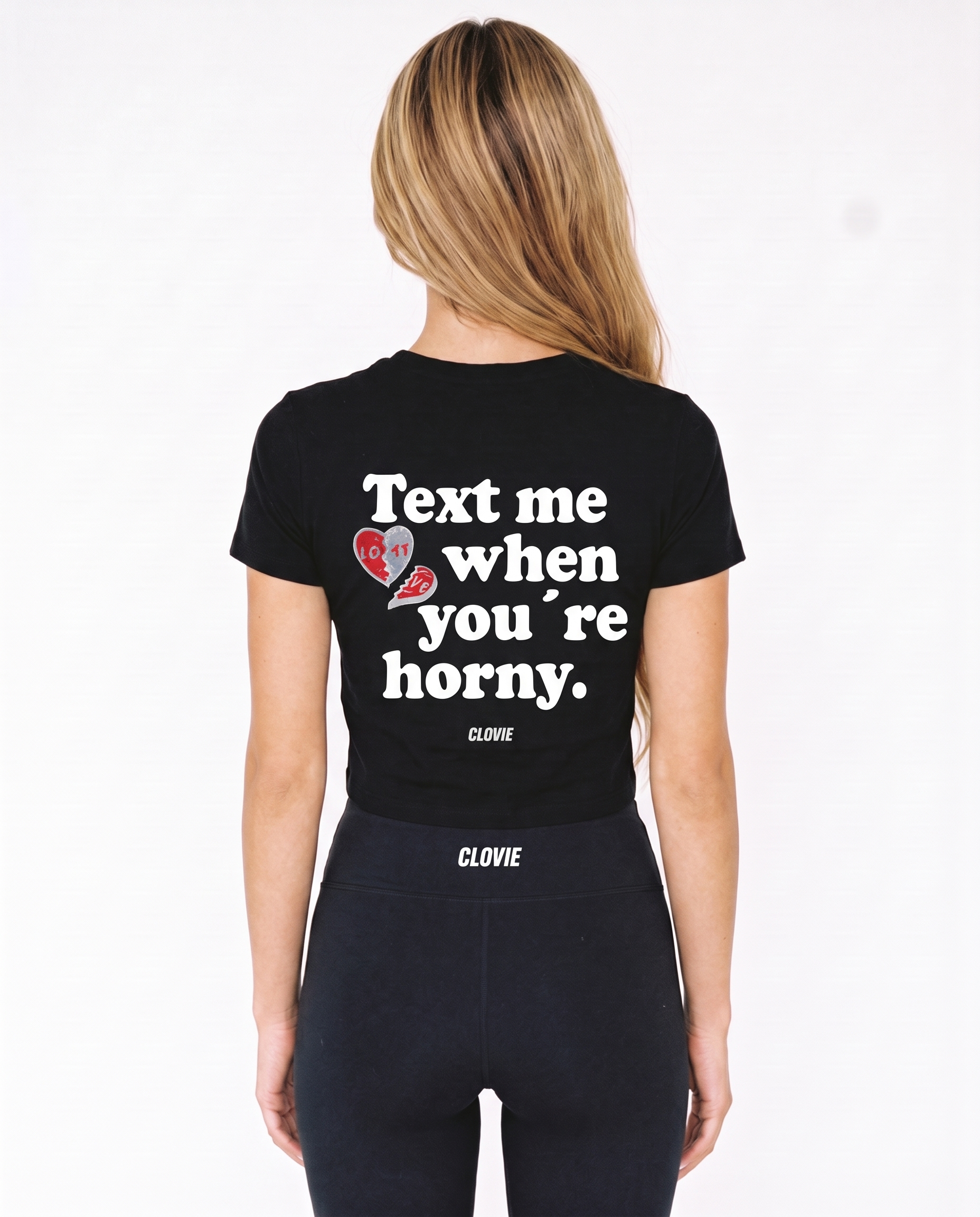 Text me Cropped Tee Black - female model back print