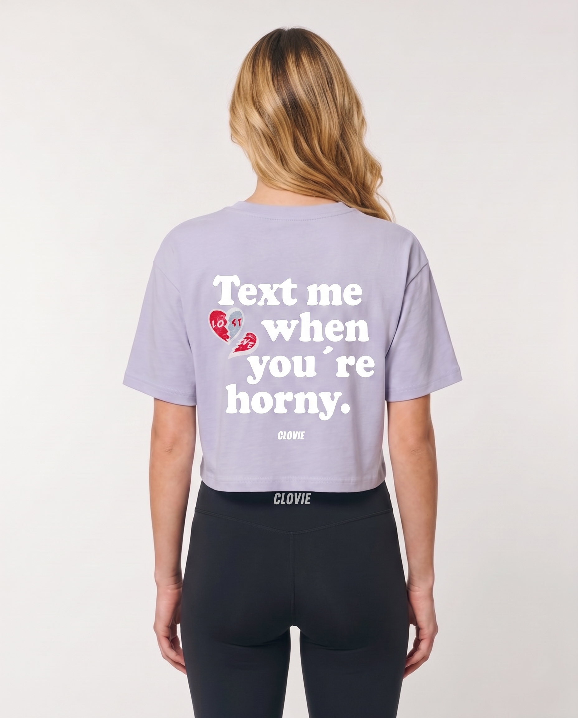 Text me Cropped Tee Soft Lilac - female model back print