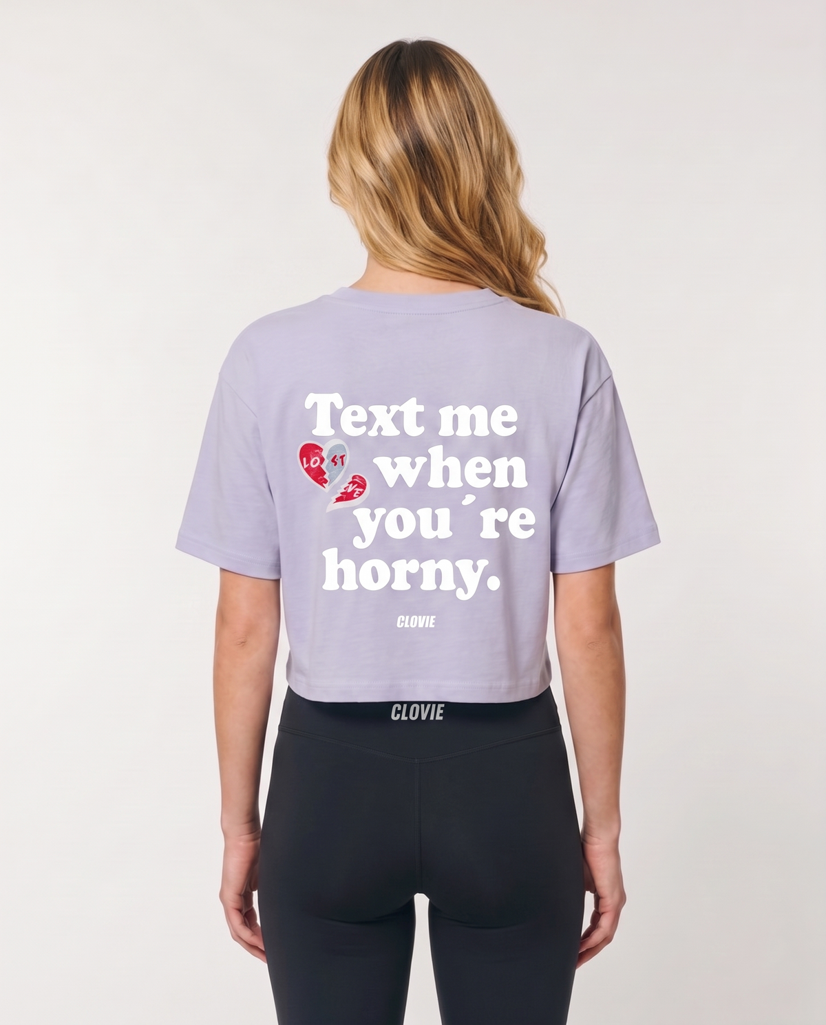 Text me Cropped Tee Soft Lilac - female model back print